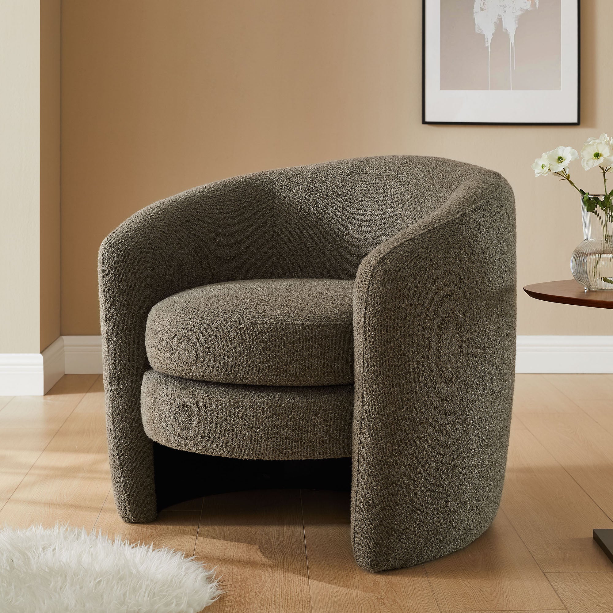 Affinity Upholstered Boucle Fabric Curved Back Armchair, Pebble