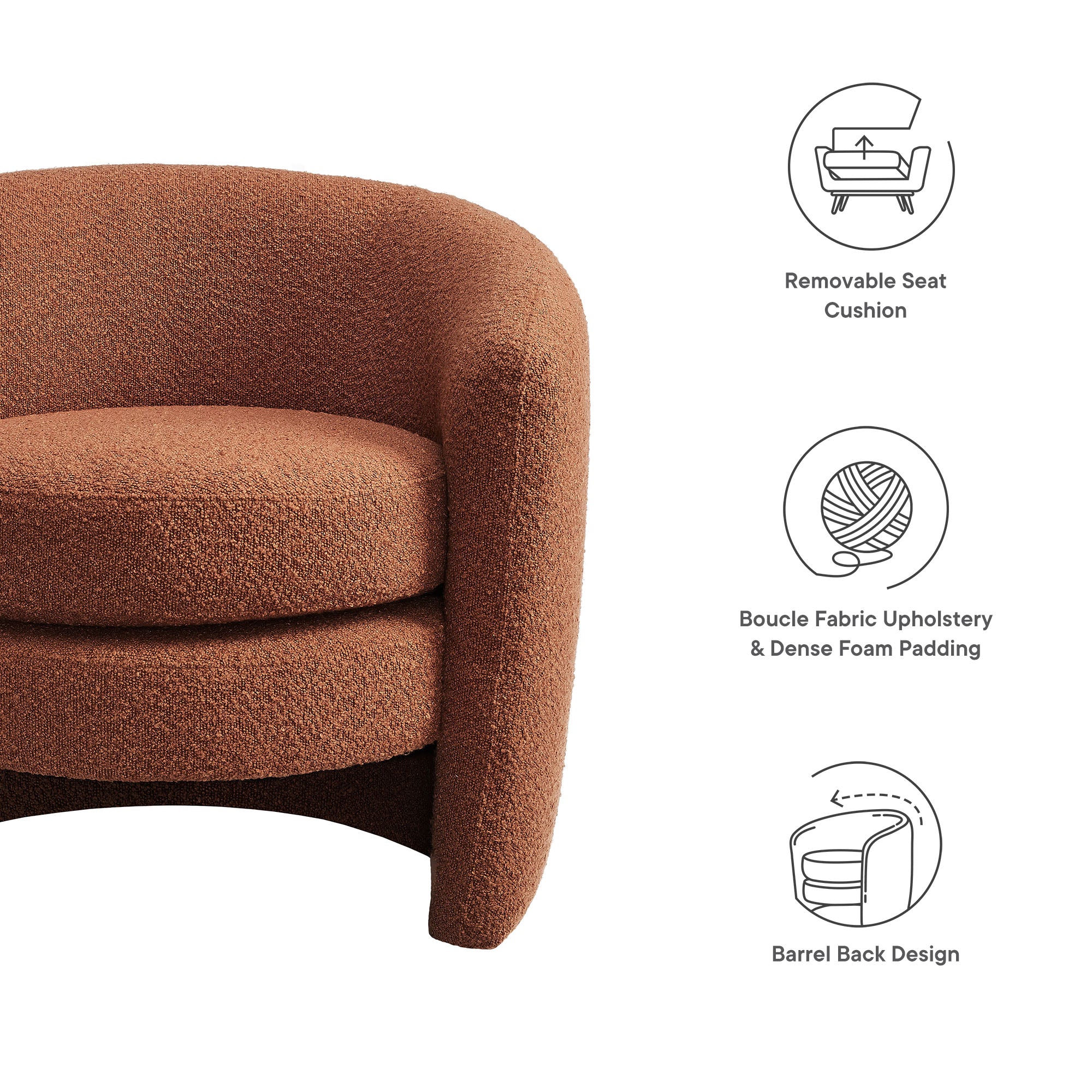 Affinity Upholstered Boucle Fabric Curved Back Armchair, Rust