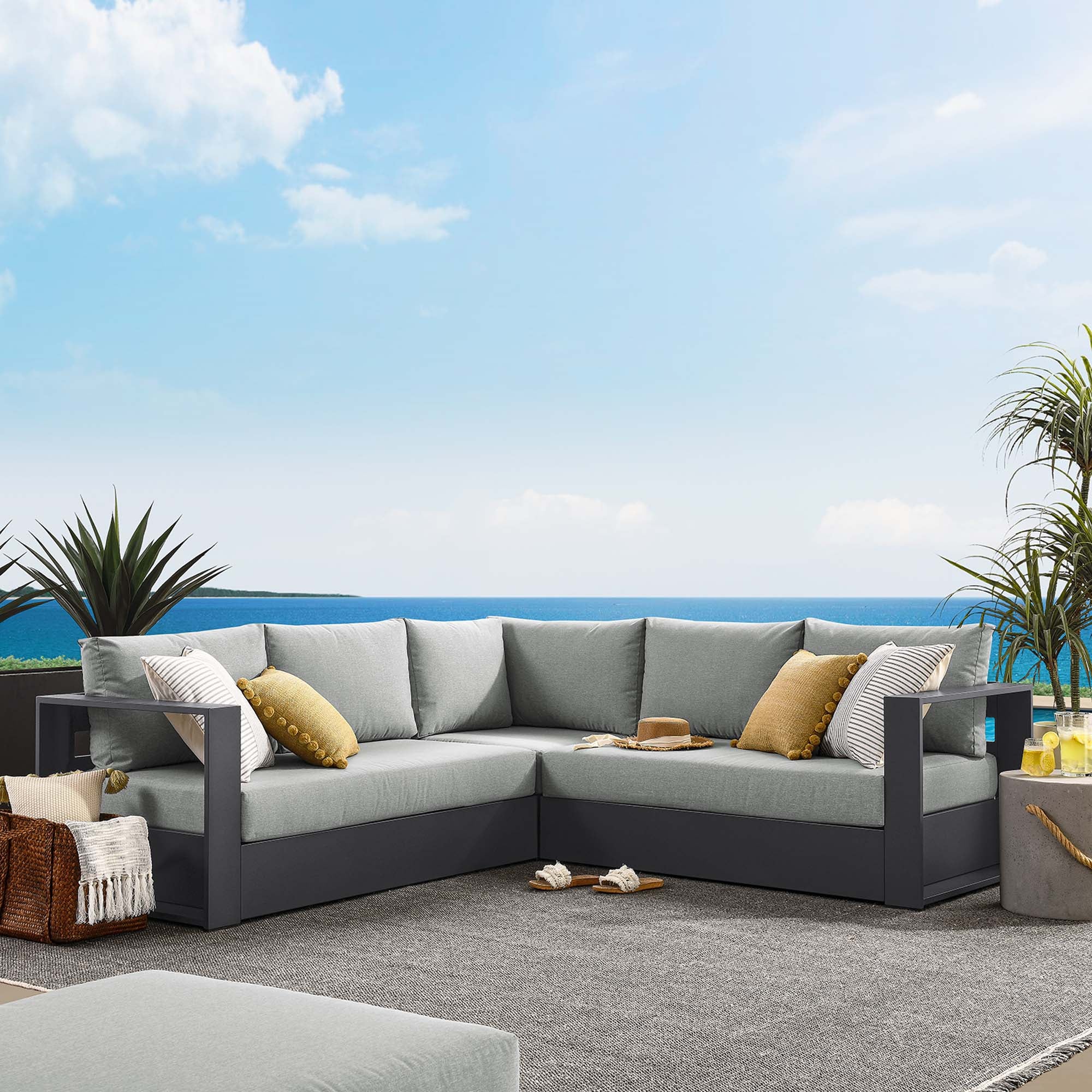 Tahoe 3-Piece Outdoor Patio Powder-Coated Aluminum Sectional Sofa Set, Gray Gray