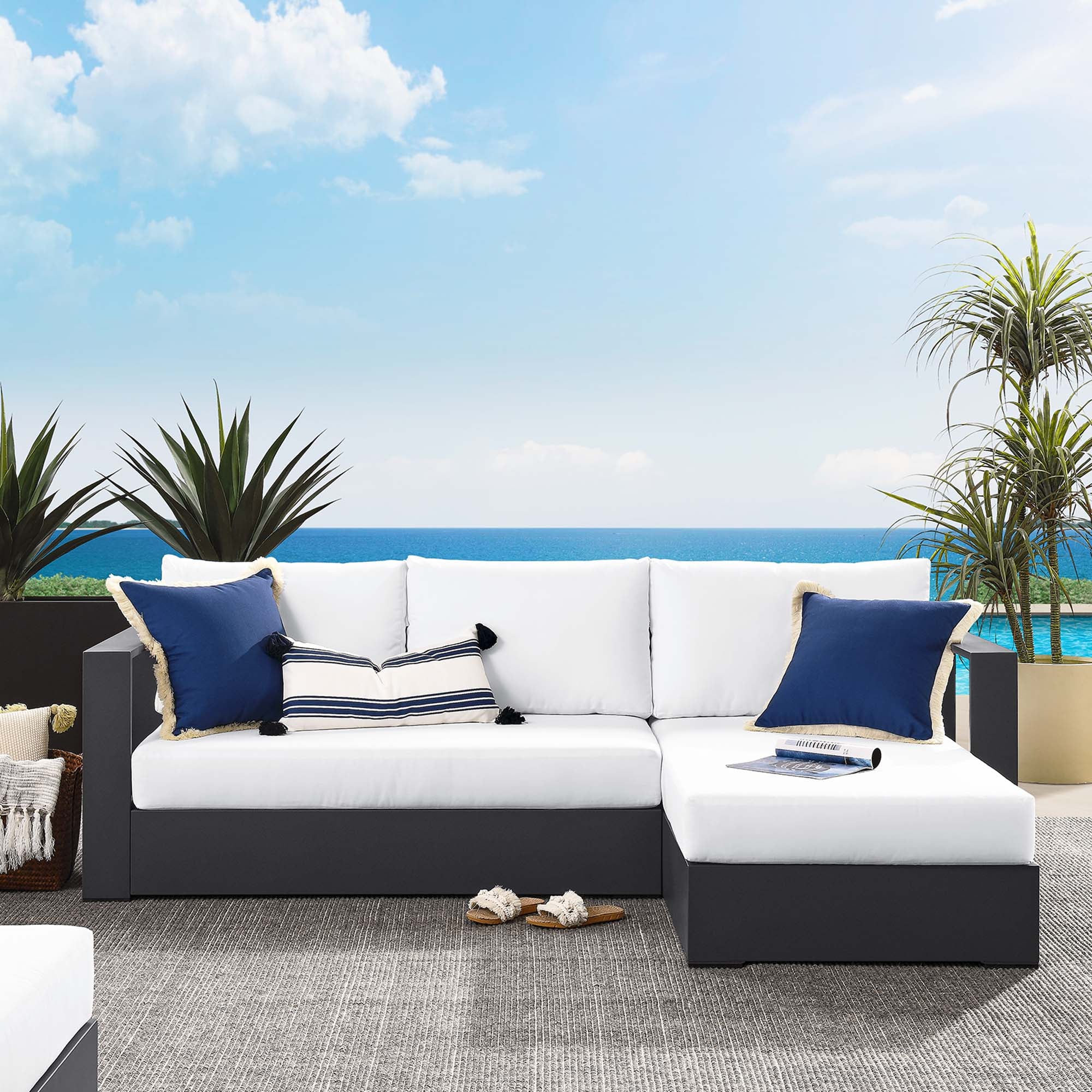 Tahoe 2-Piece Outdoor Patio Powder-Coated Aluminum Right-Facing Chaise Sectional Sofa Set, Gray White