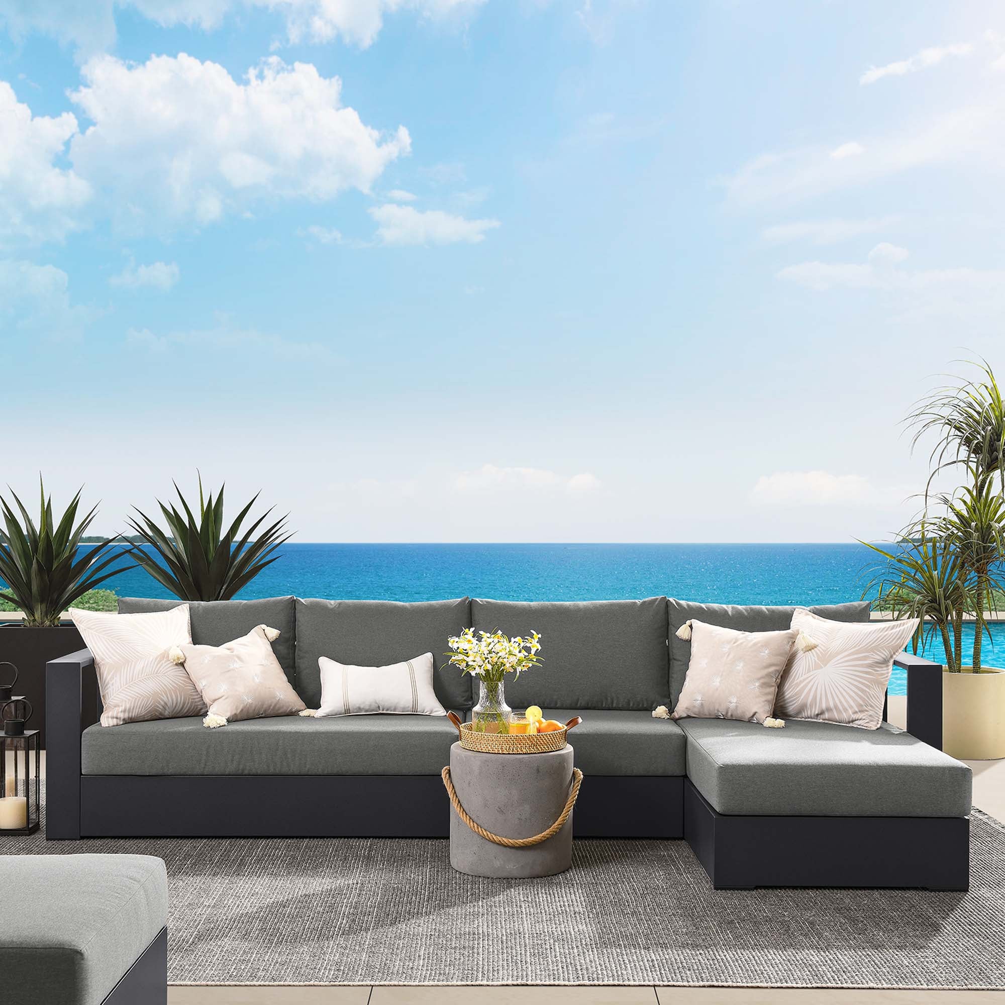 Tahoe 3-Piece Outdoor Patio Powder-Coated Aluminum Right-Facing Chaise Sectional Sofa Set, Gray Charcoal