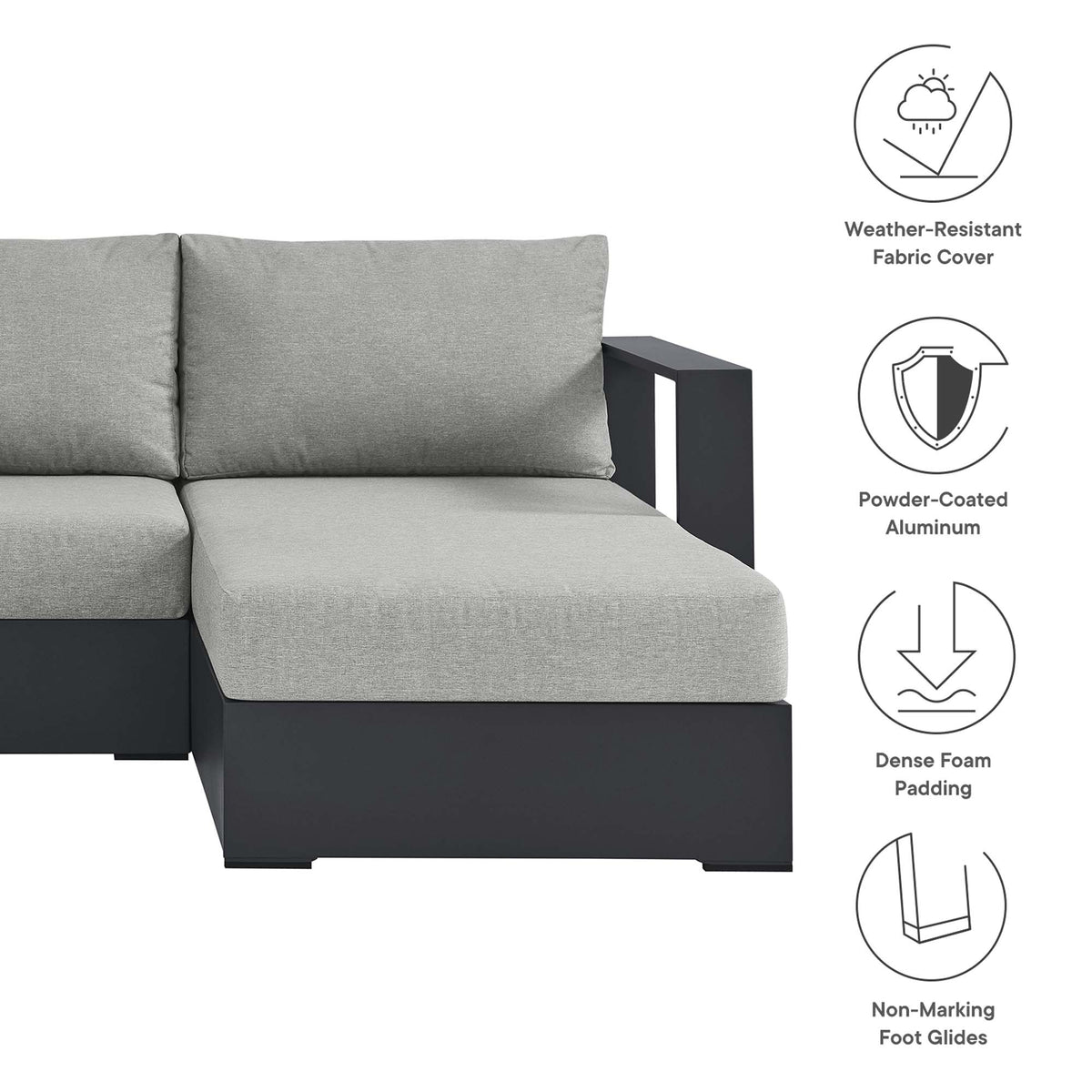 Tahoe 3-Piece Outdoor Patio Powder-Coated Aluminum Right-Facing Chaise Sectional Sofa Set, Gray Gray
