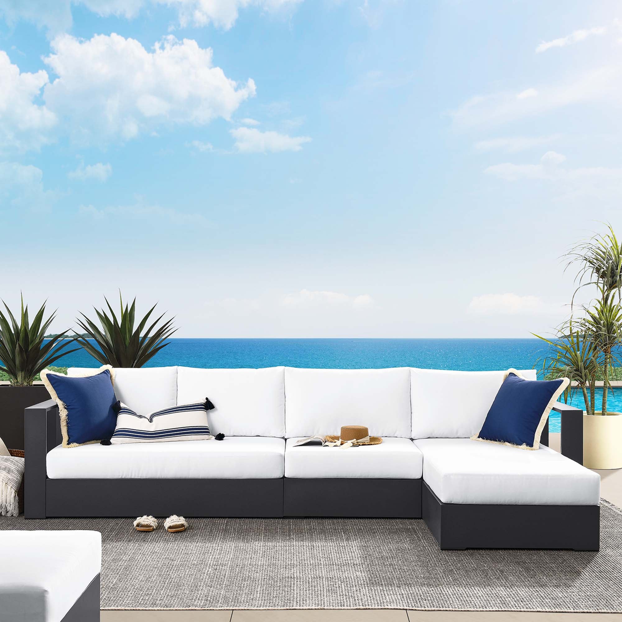 Tahoe 3-Piece Outdoor Patio Powder-Coated Aluminum Right-Facing Chaise Sectional Sofa Set, Gray White