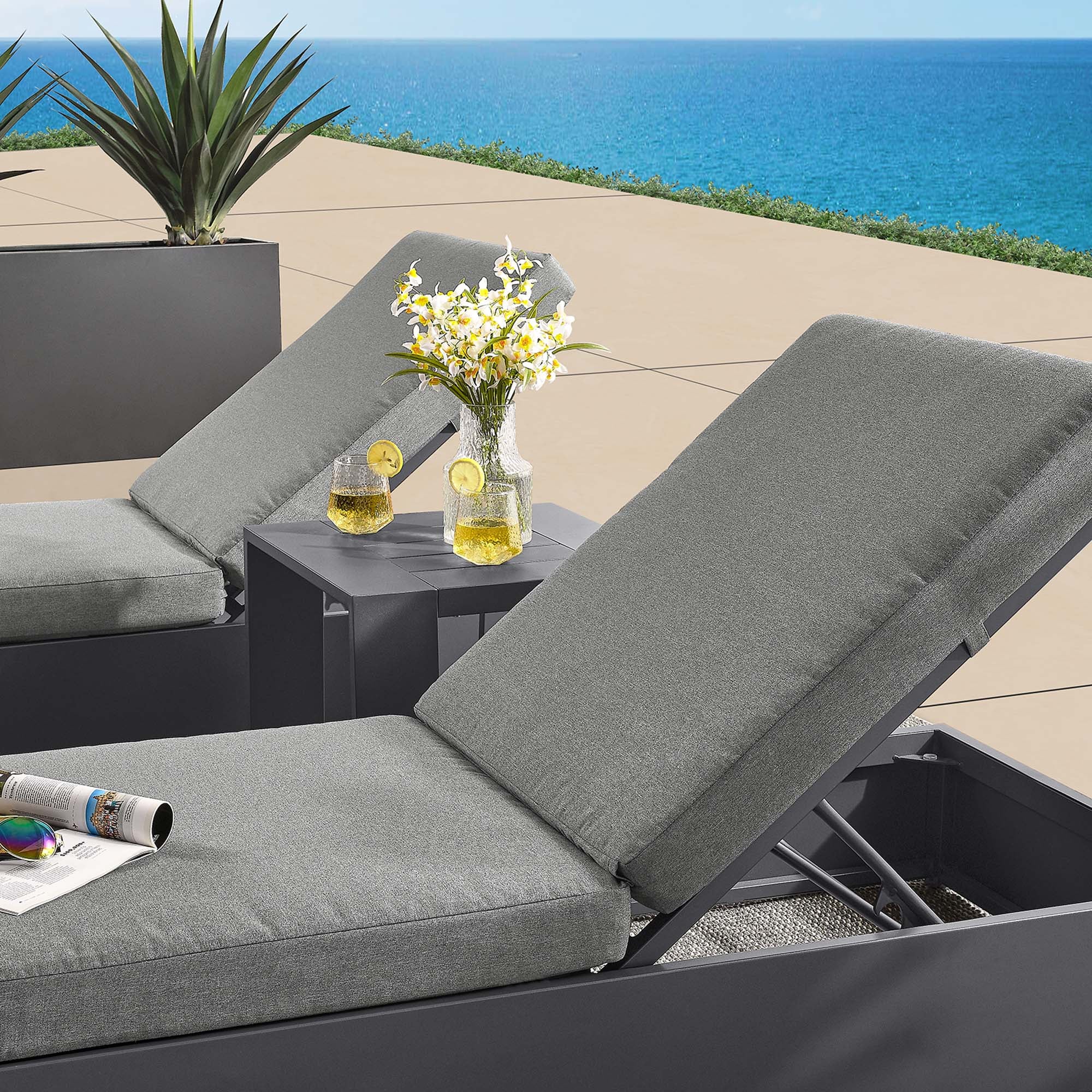 Tahoe 3-Piece Outdoor Patio Powder-Coated Aluminum Chaise Lounge Set, Gray Charcoal