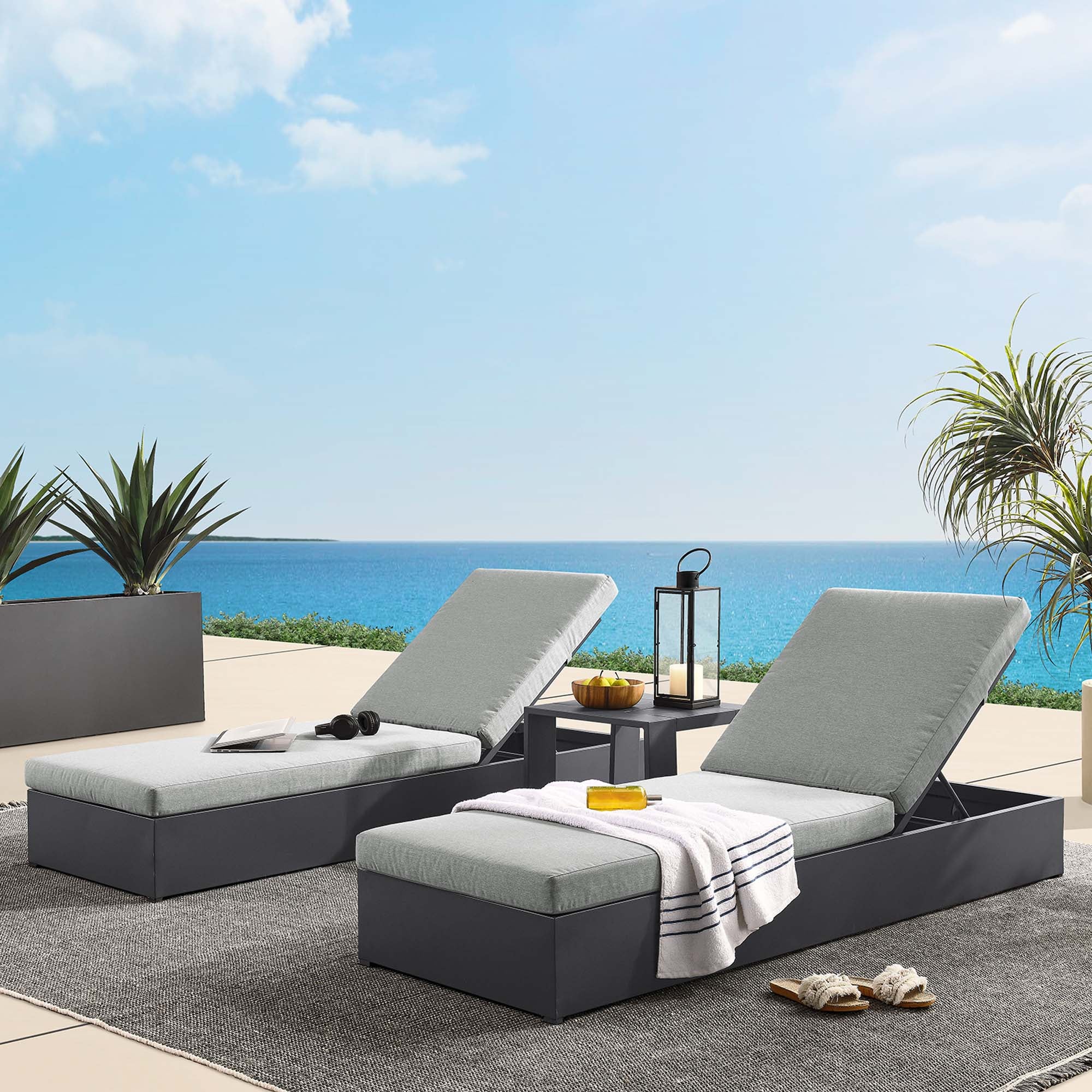 Tahoe 3-Piece Outdoor Patio Powder-Coated Aluminum Chaise Lounge Set, Gray Gray
