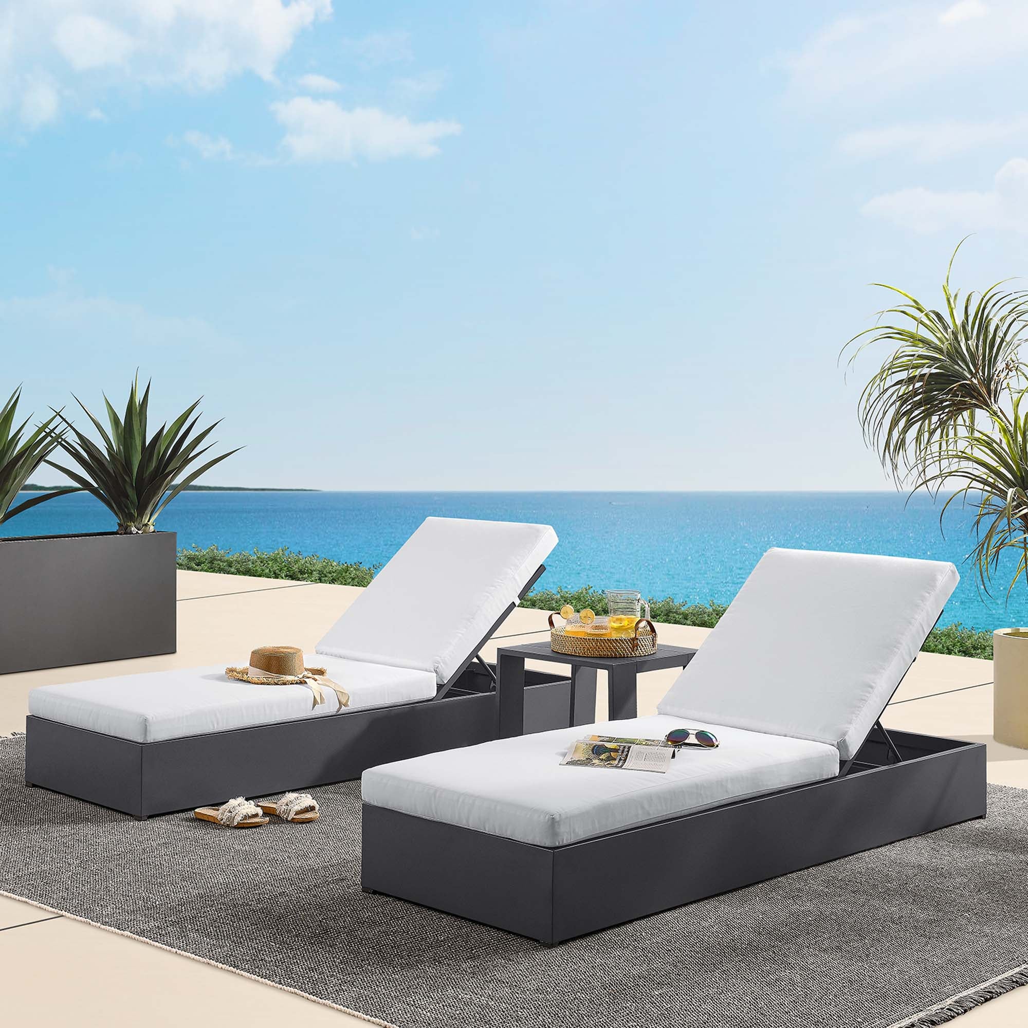 Tahoe 3-Piece Outdoor Patio Powder-Coated Aluminum Chaise Lounge Set, Gray White