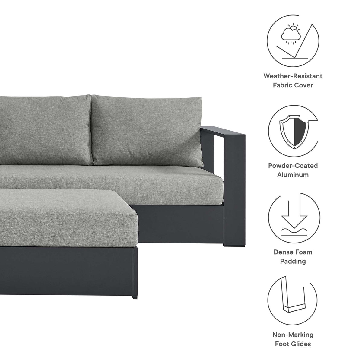 Tahoe 5-Piece Outdoor Patio Powder-Coated Aluminum Sectional Sofa Set, Gray Gray