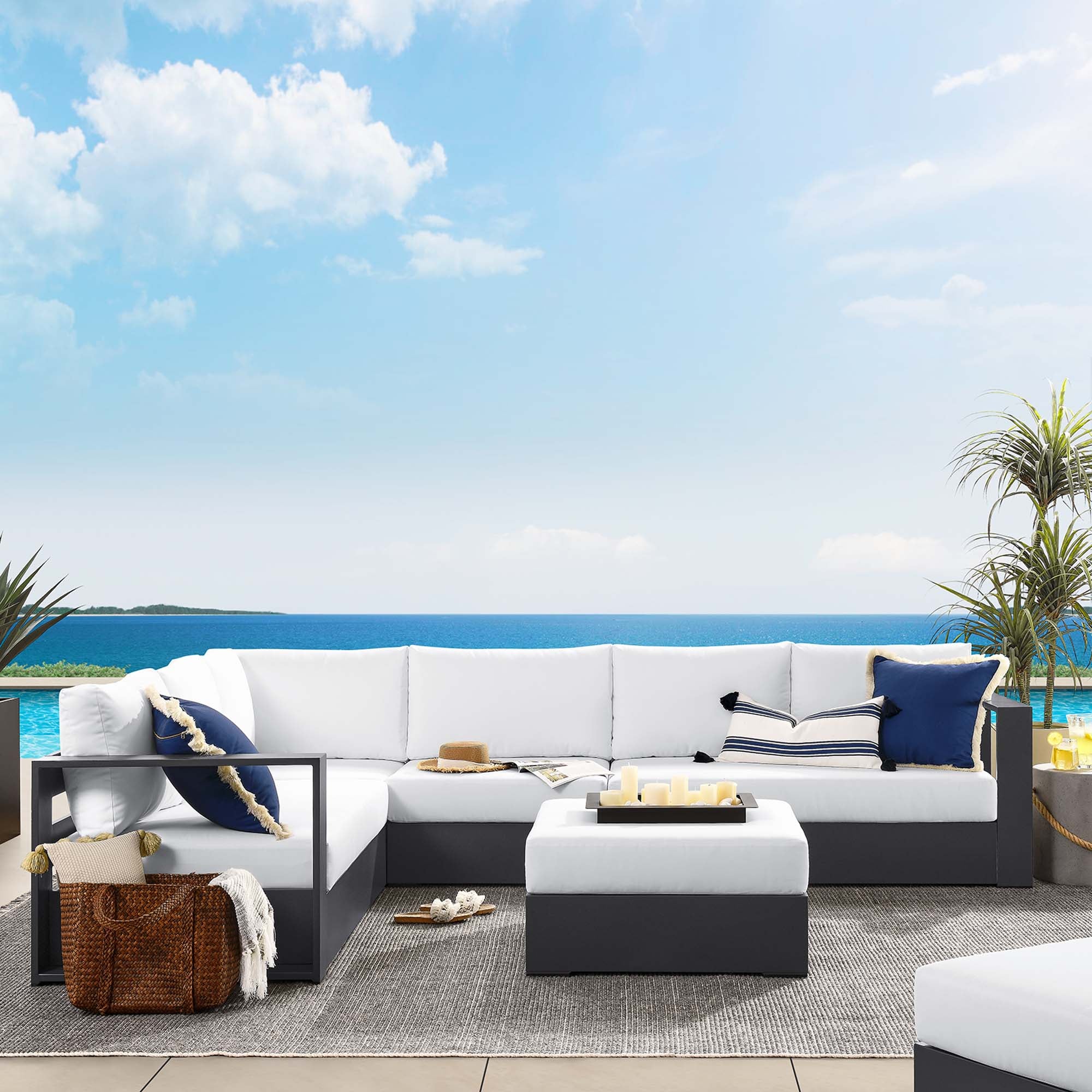 Tahoe 5-Piece Outdoor Patio Powder-Coated Aluminum Sectional Sofa Set, Gray White