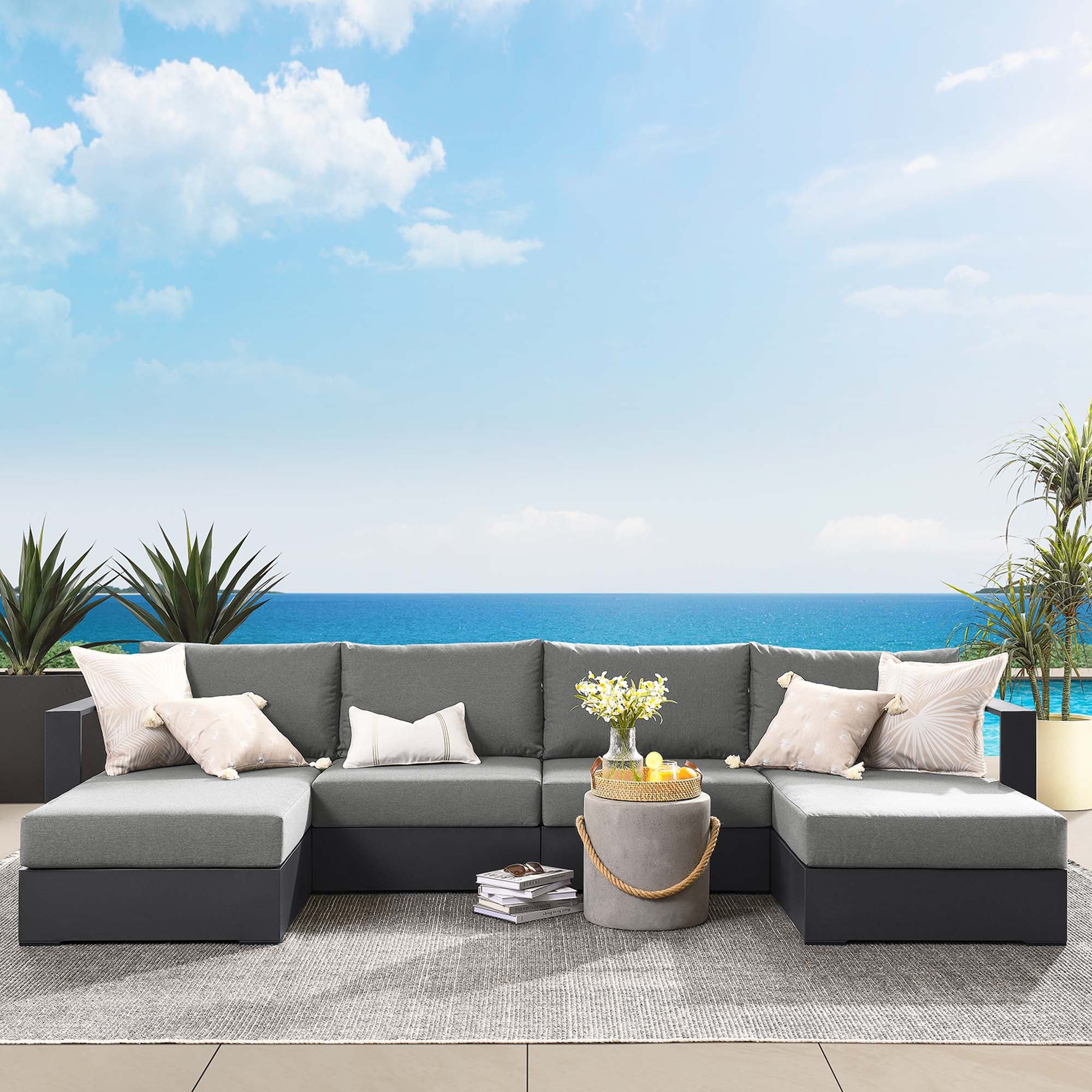 Tahoe 4-Piece Outdoor Patio Powder-Coated Aluminum Sectional Sofa Set, Gray Charcoal