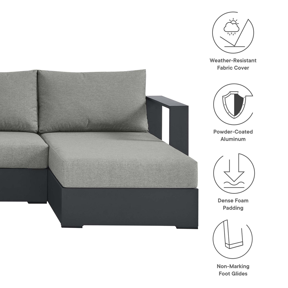 Tahoe 4-Piece Outdoor Patio Powder-Coated Aluminum Sectional Sofa Set, Gray Gray
