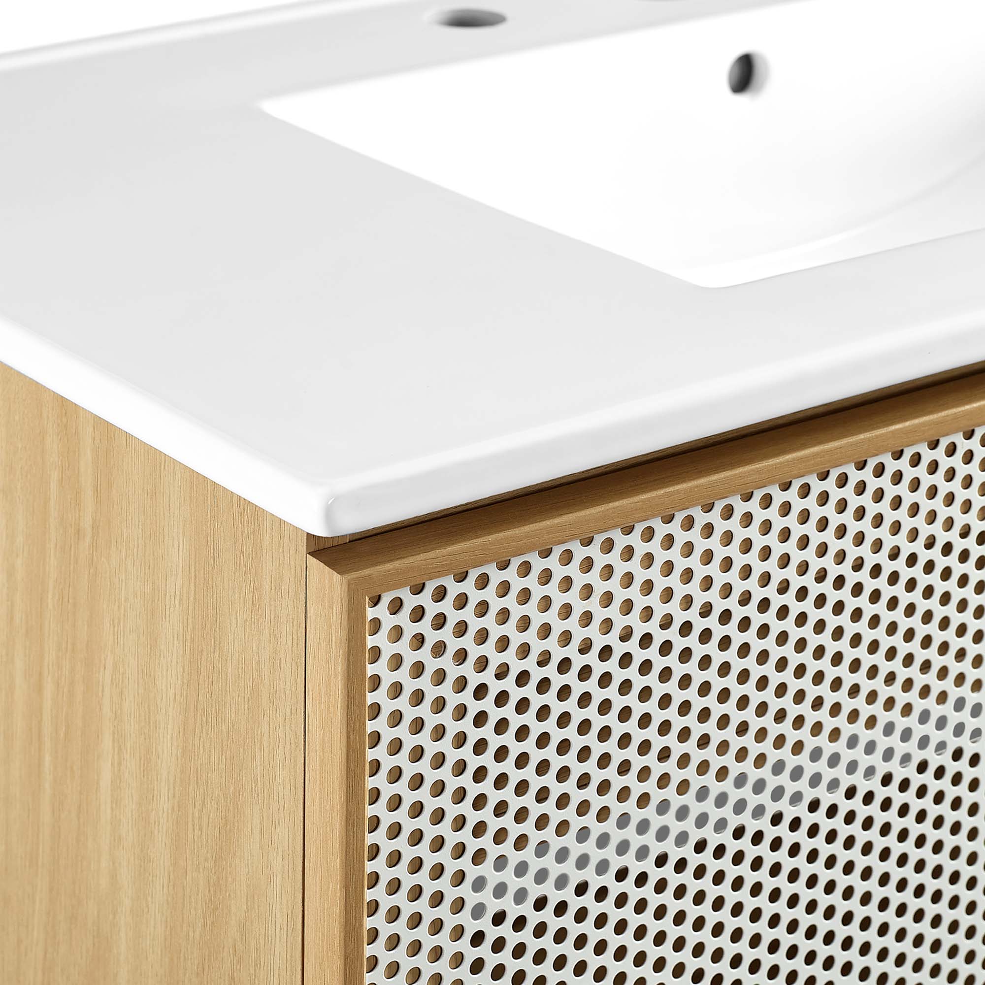 Calla 36" Perforated Metal Bathroom Vanity, White Oak