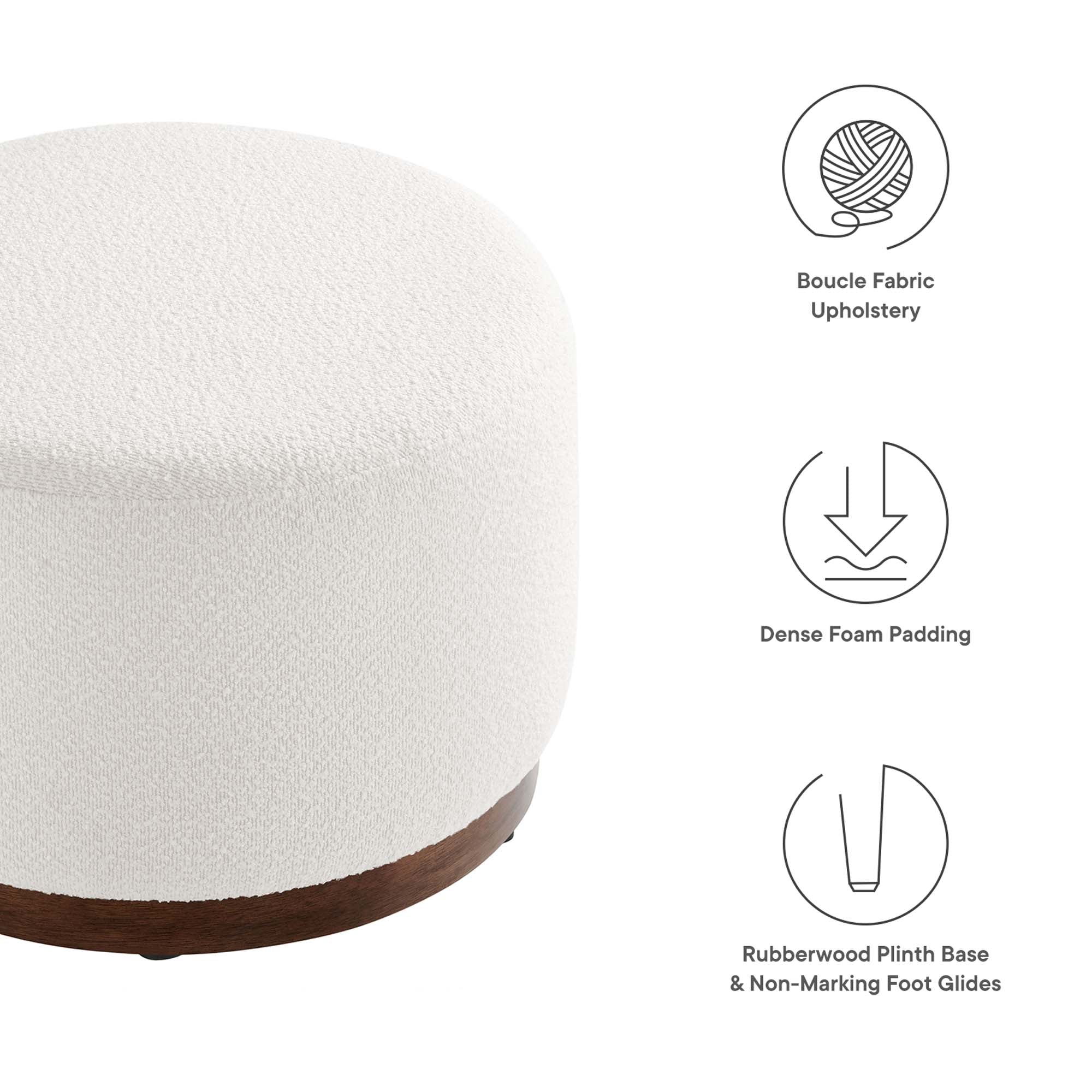 Tilden Large 23" Round Boucle Upholstered Upholstered Ottoman, Cloud Walnut