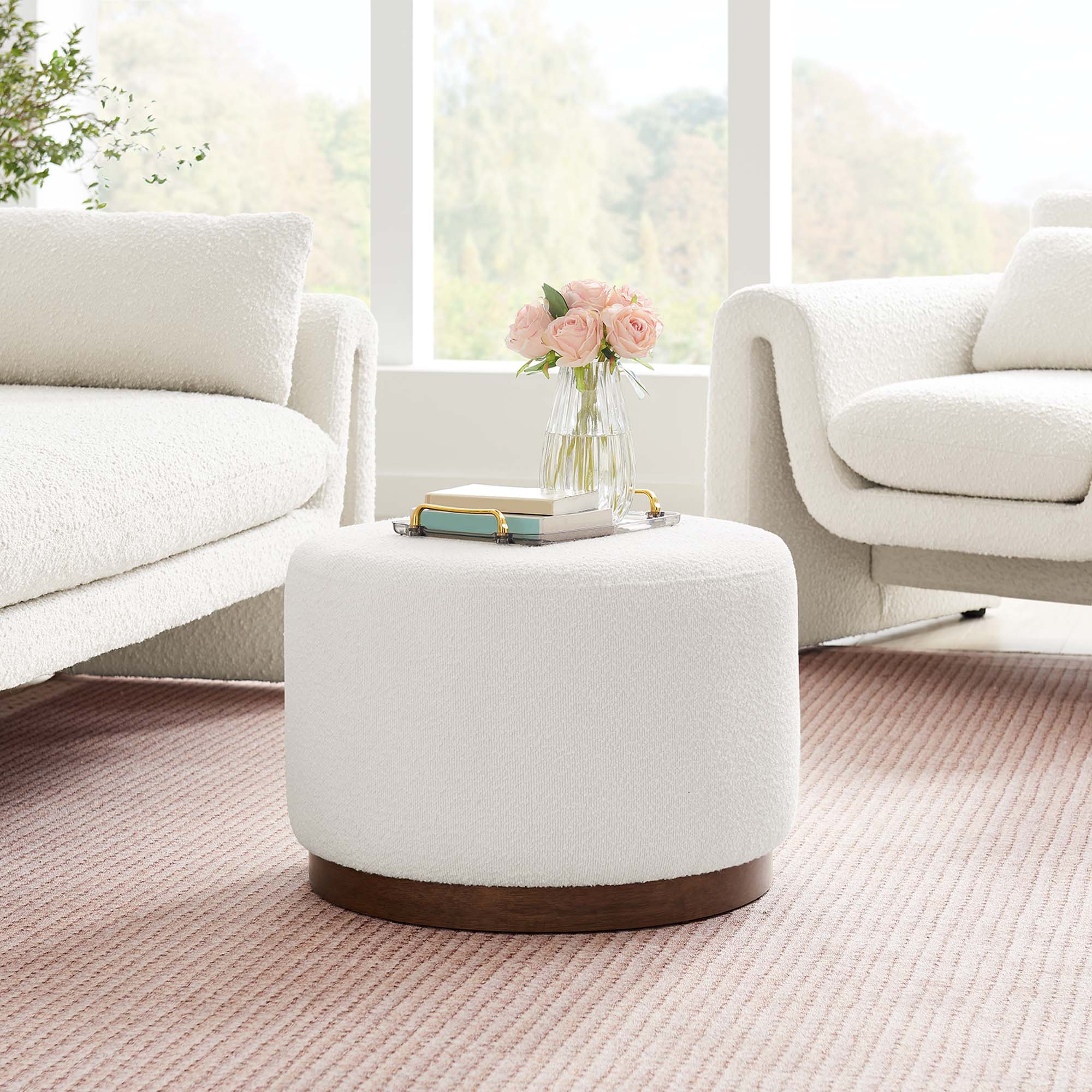 Tilden Large 23" Round Boucle Upholstered Upholstered Ottoman, Cloud Walnut