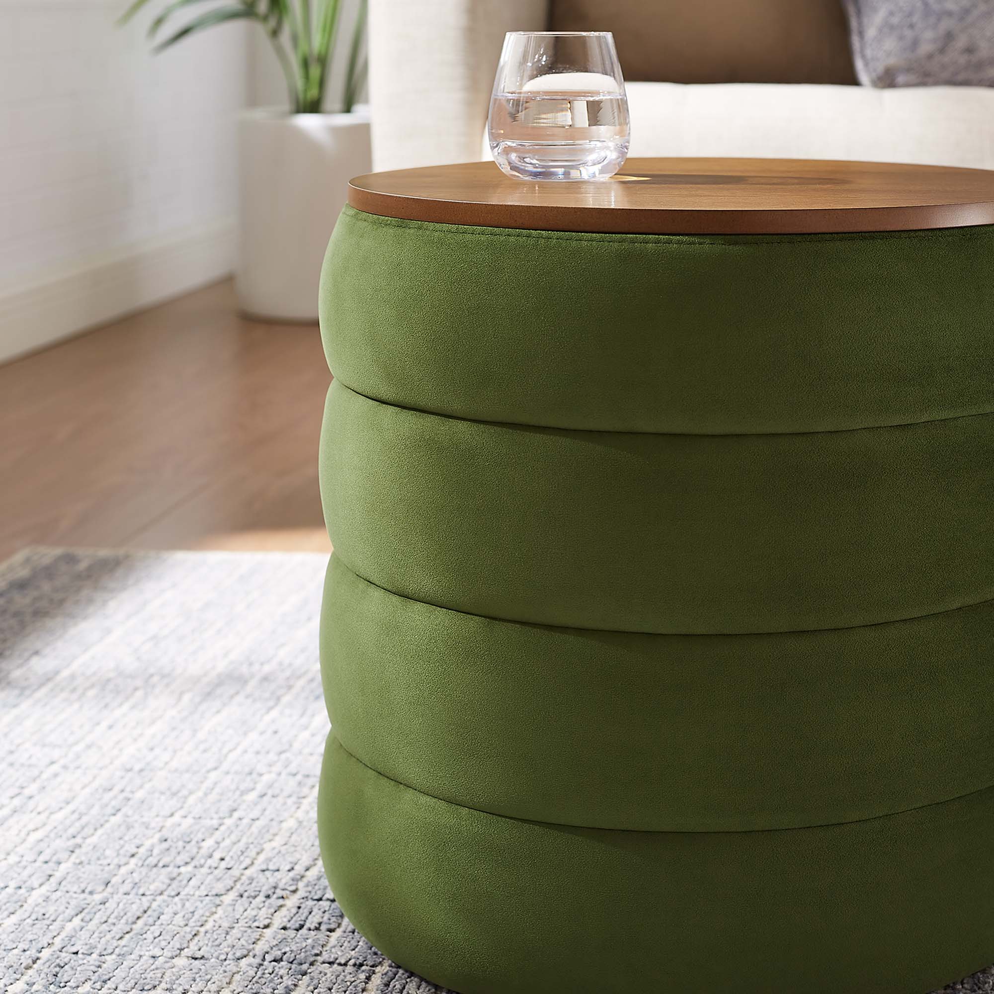 Mezzo Round Performance Velvet Storage Ottoman, Moss Green