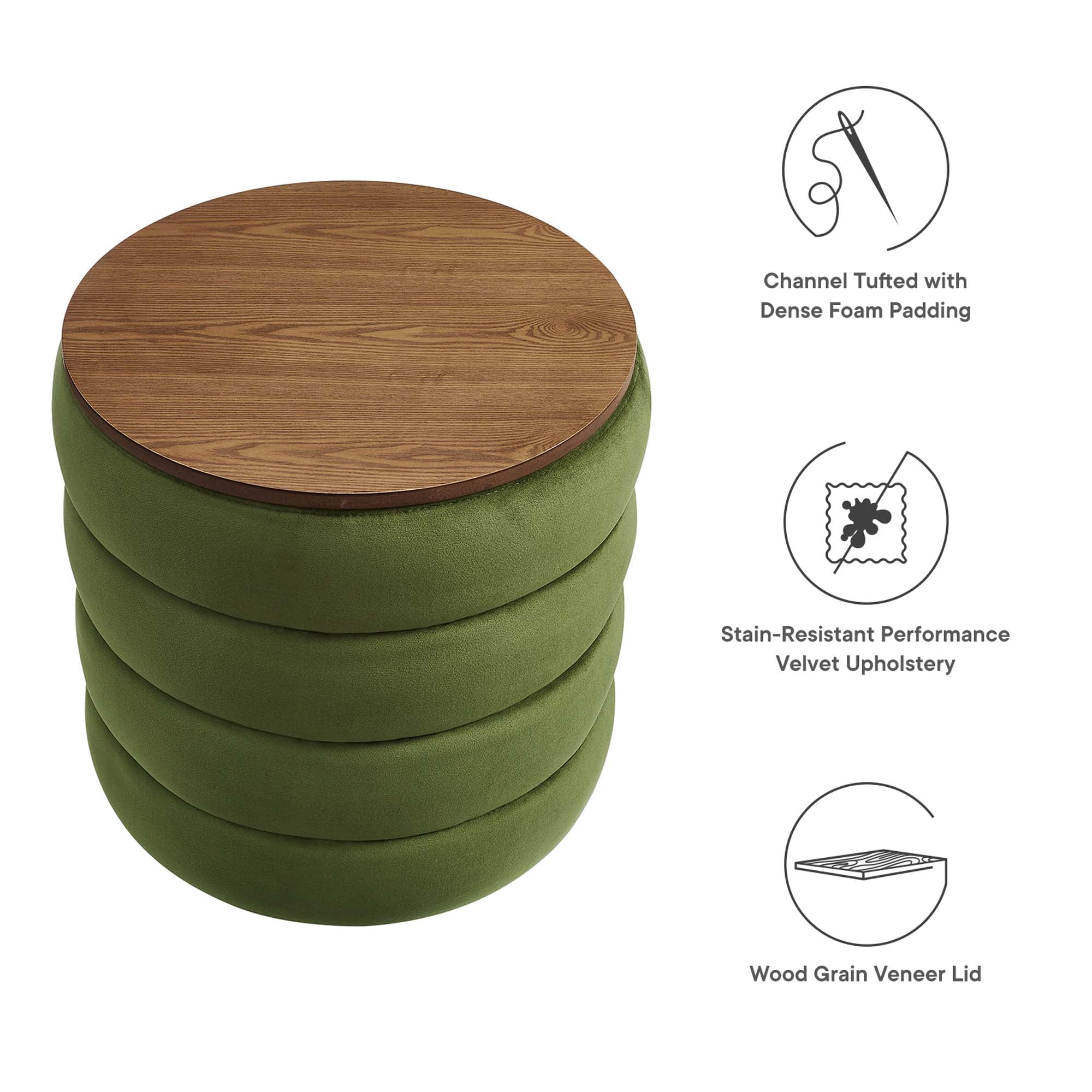 Mezzo Round Performance Velvet Storage Ottoman, Moss Green
