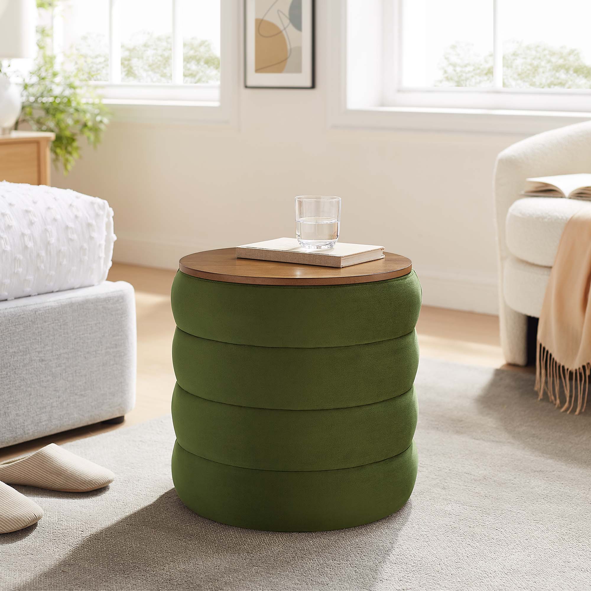Mezzo Round Performance Velvet Storage Ottoman, Moss Green