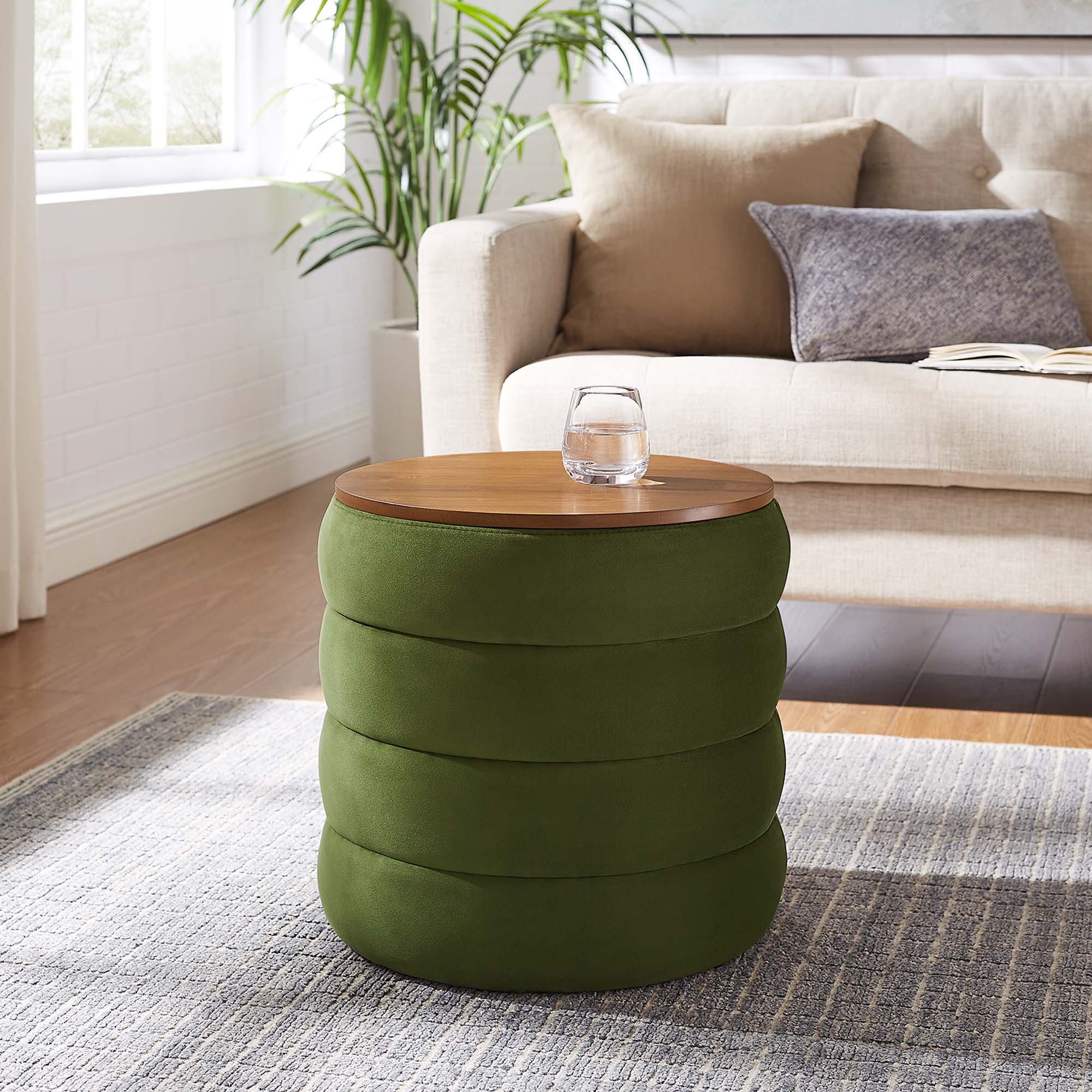 Mezzo Round Performance Velvet Storage Ottoman, Moss Green