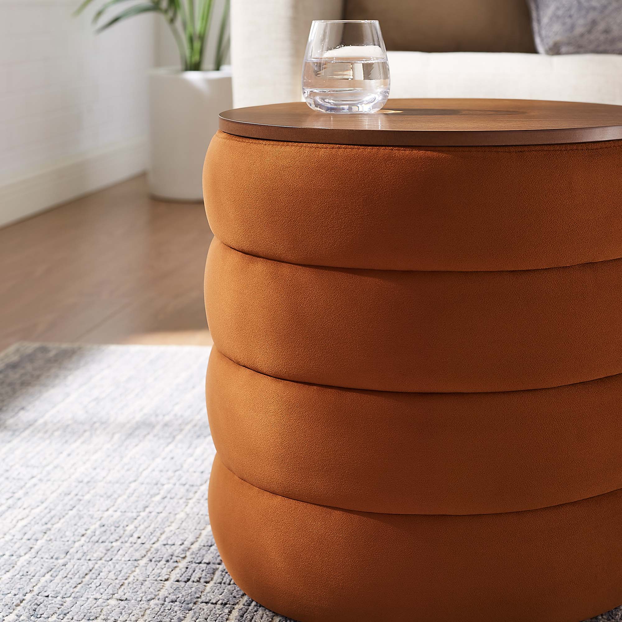 Mezzo Round Performance Velvet Storage Ottoman, Rust