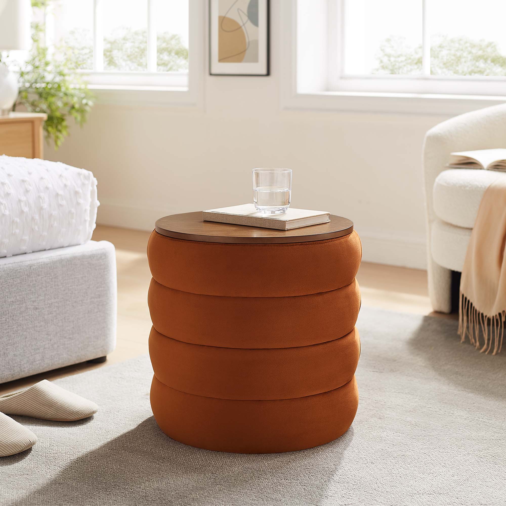Mezzo Round Performance Velvet Storage Ottoman, Rust