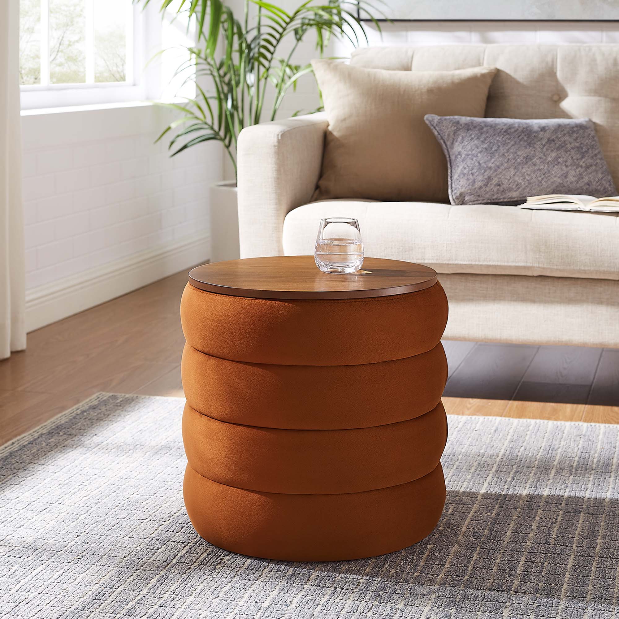 Mezzo Round Performance Velvet Storage Ottoman, Rust