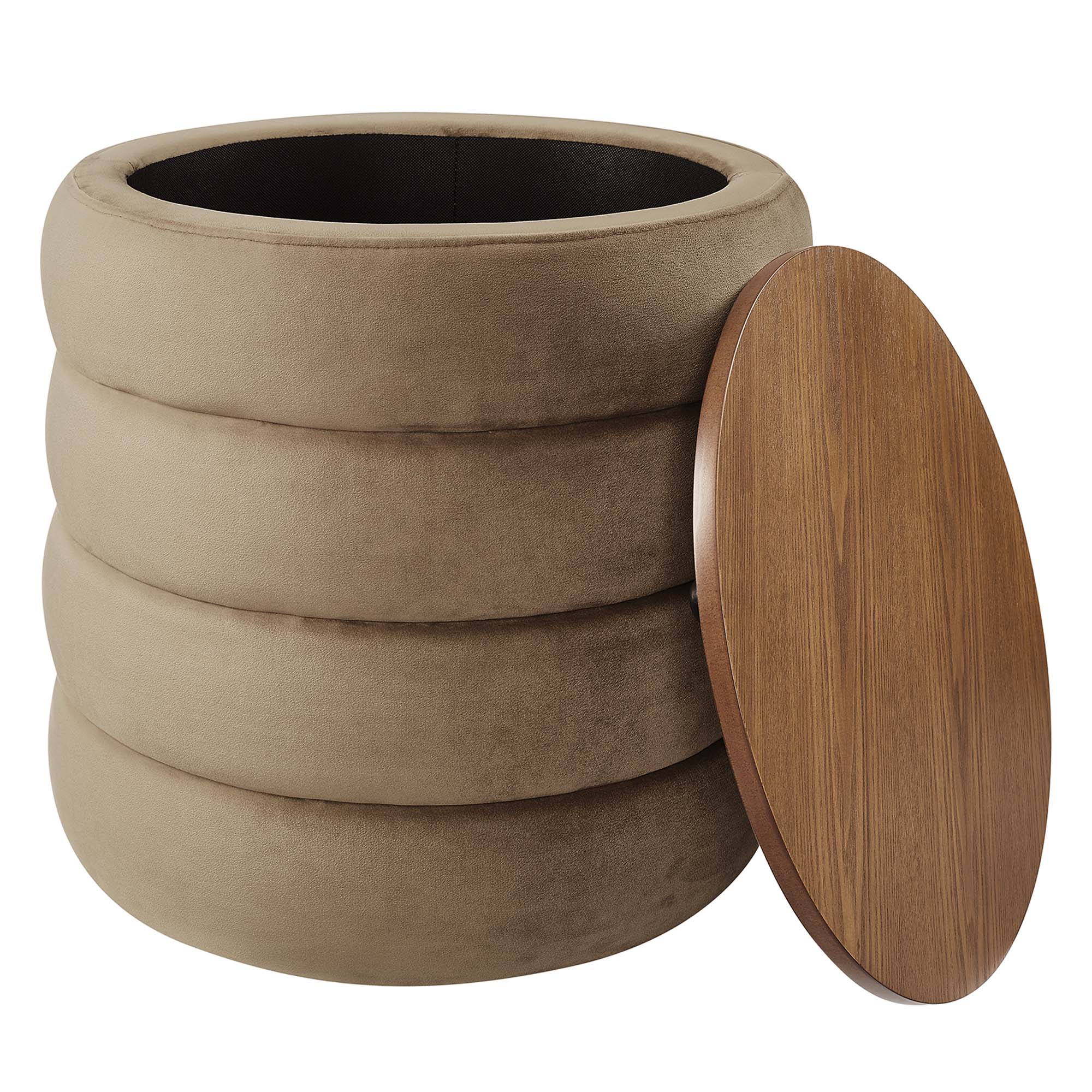 Mezzo Round Performance Velvet Storage Ottoman, Taupe