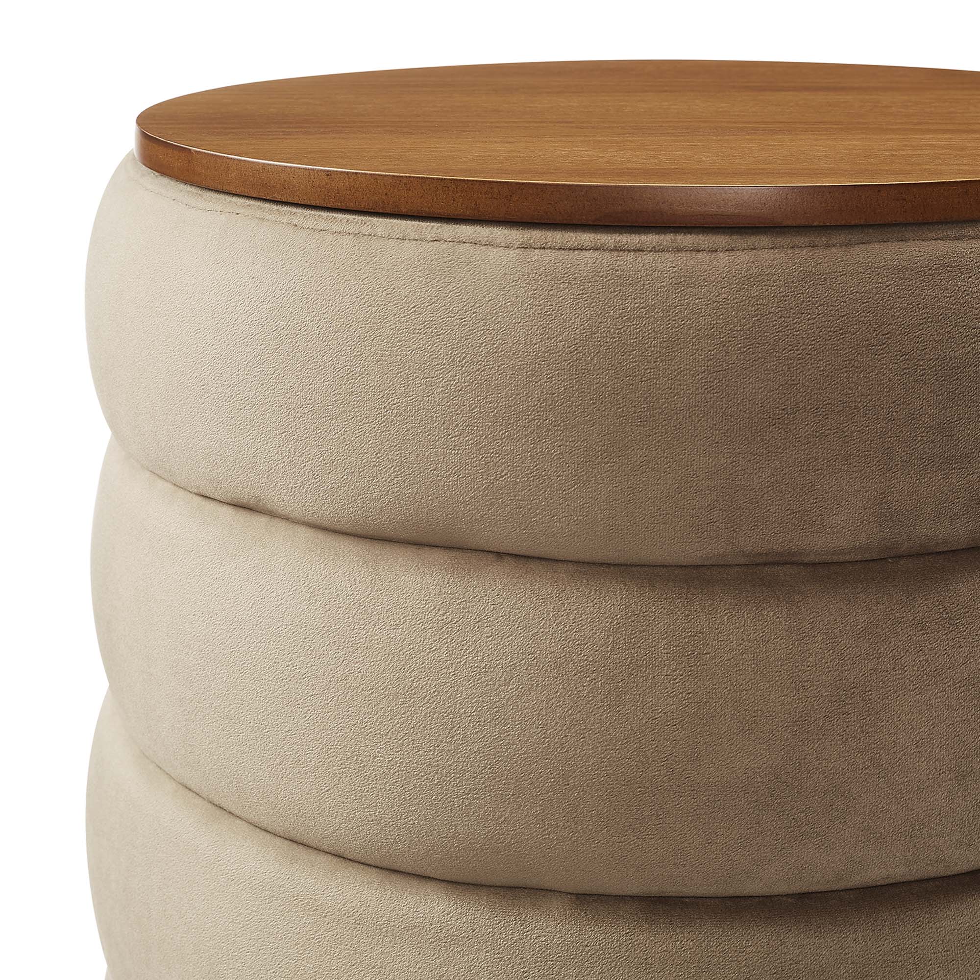 Mezzo Round Performance Velvet Storage Ottoman, Taupe