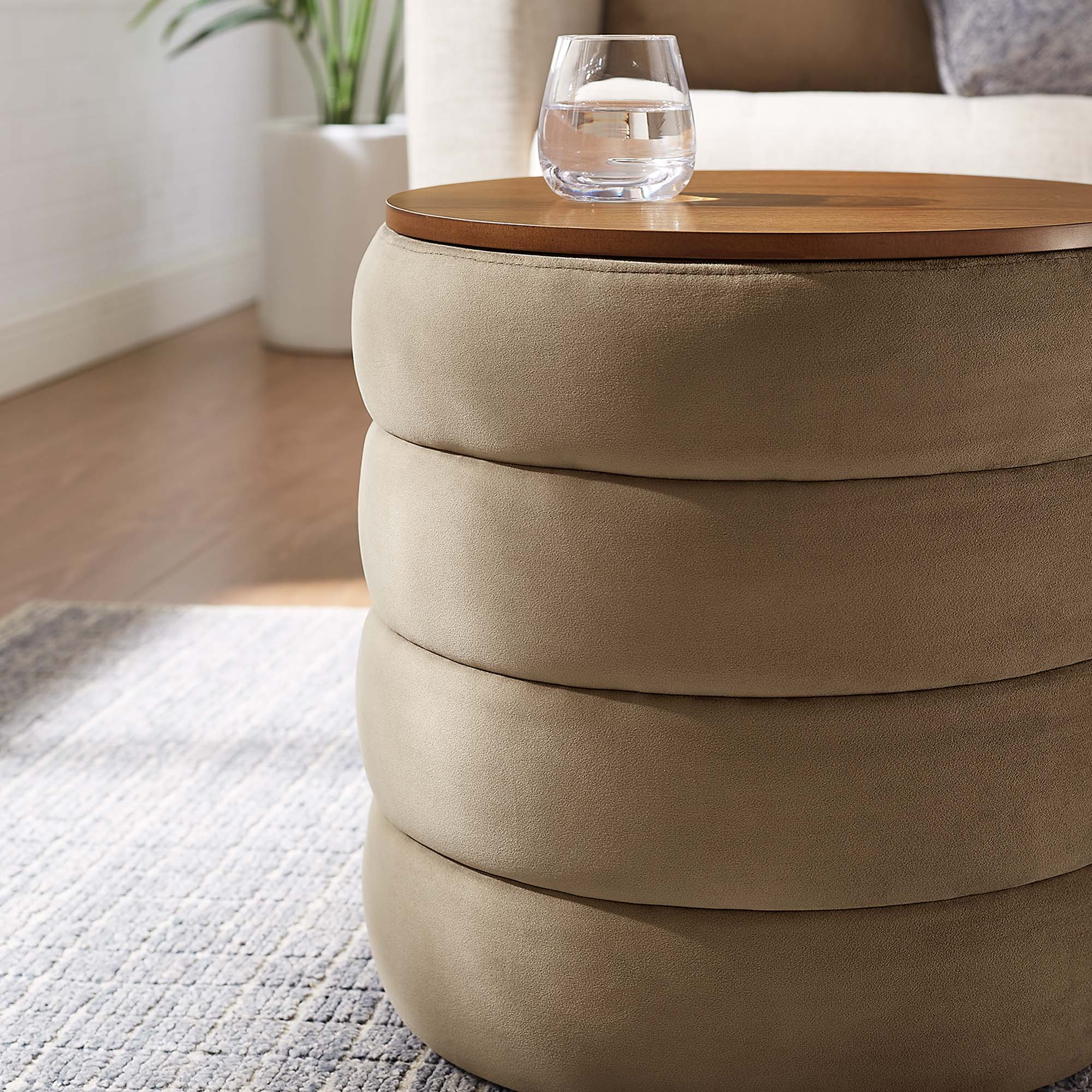 Mezzo Round Performance Velvet Storage Ottoman, Taupe