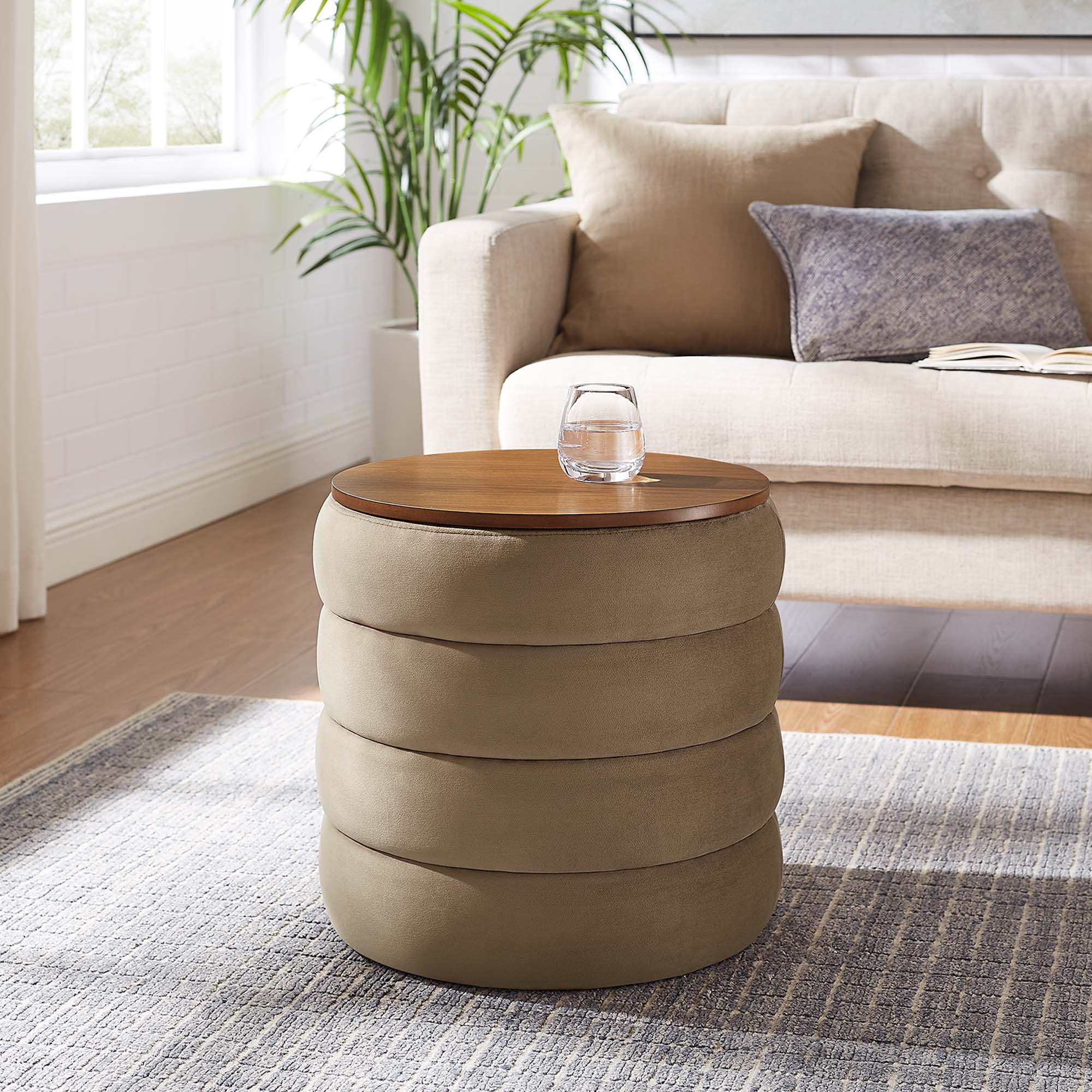 Mezzo Round Performance Velvet Storage Ottoman, Taupe