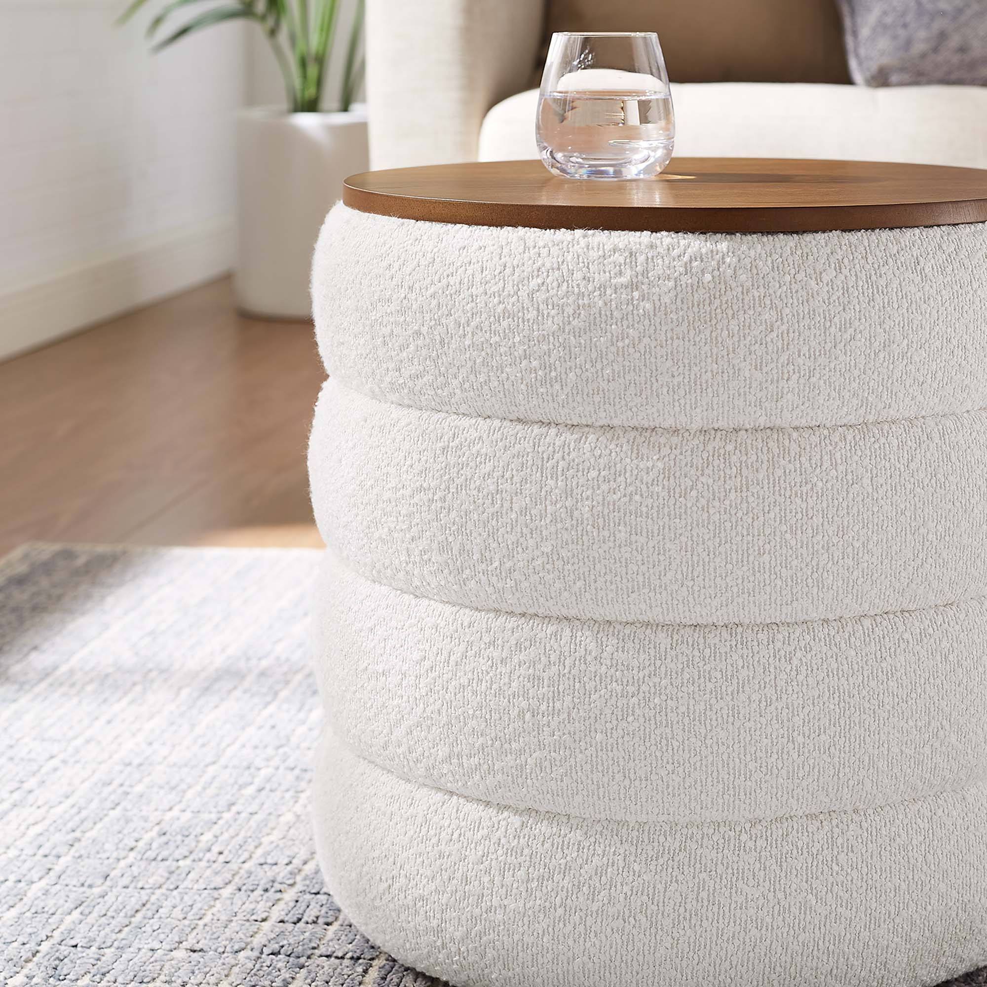 Mezzo Round Boucle Fabric Storage Ottoman, Cloud