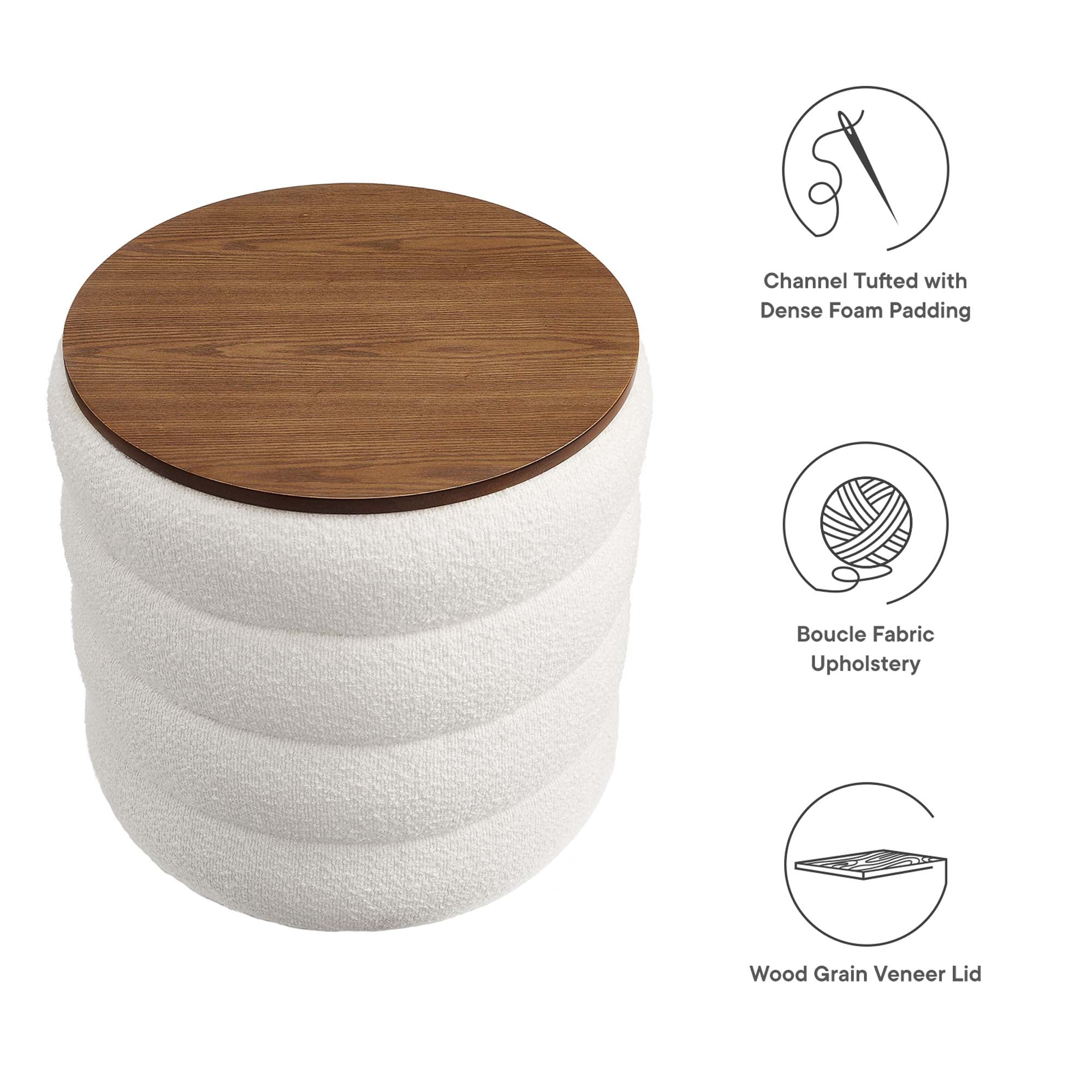 Mezzo Round Boucle Fabric Storage Ottoman, Cloud