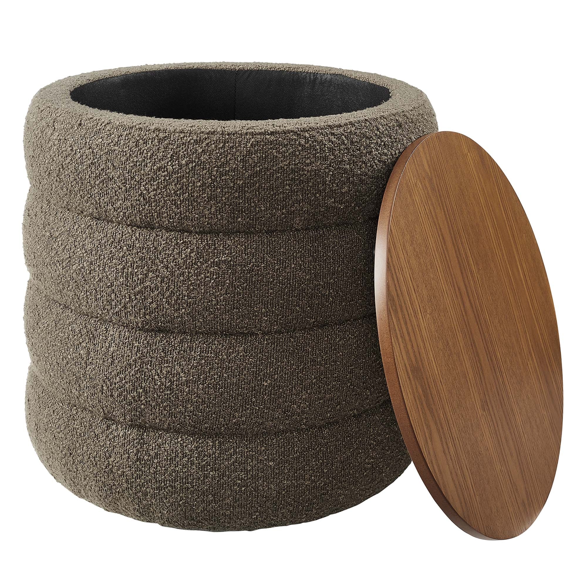 Mezzo Round Boucle Fabric Storage Ottoman, Pebble