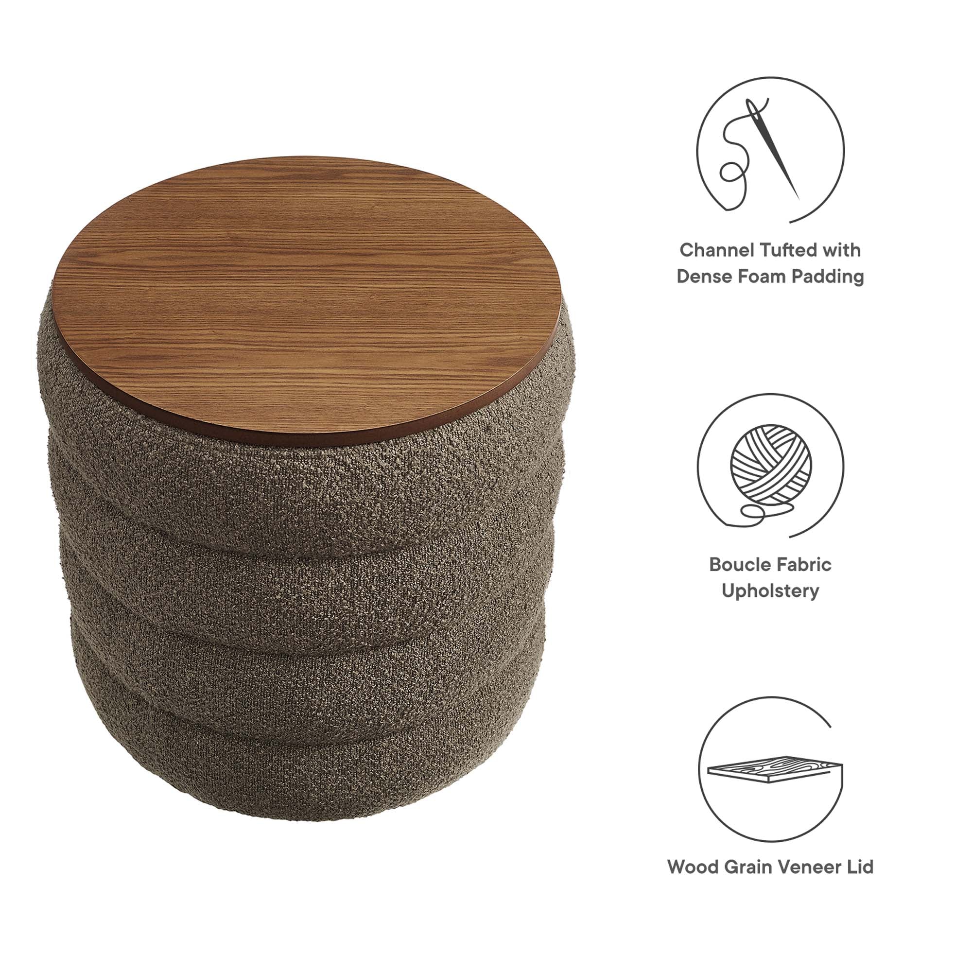 Mezzo Round Boucle Fabric Storage Ottoman, Pebble