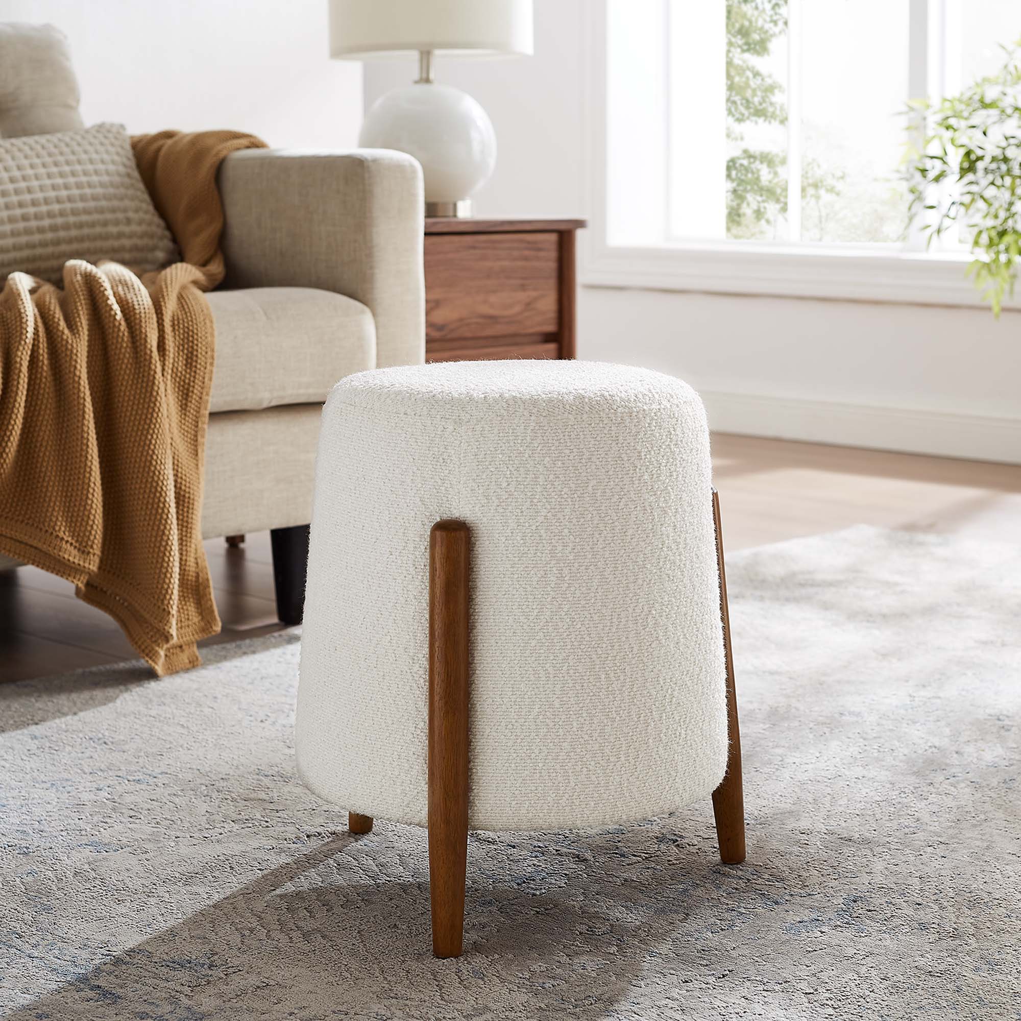 Riven Upholstered Boucle Fabric Ottoman, Cloud