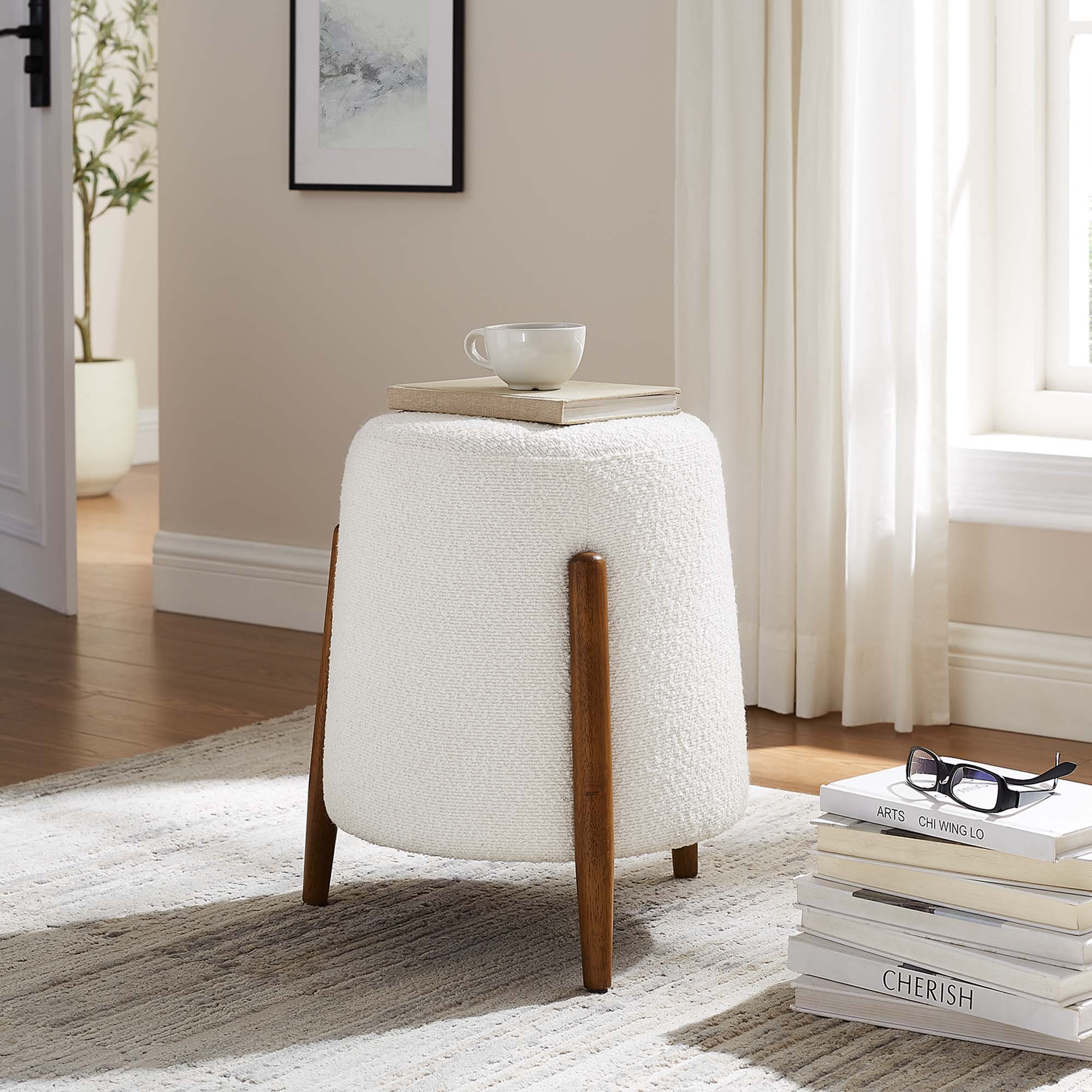 Riven Upholstered Boucle Fabric Ottoman, Cloud