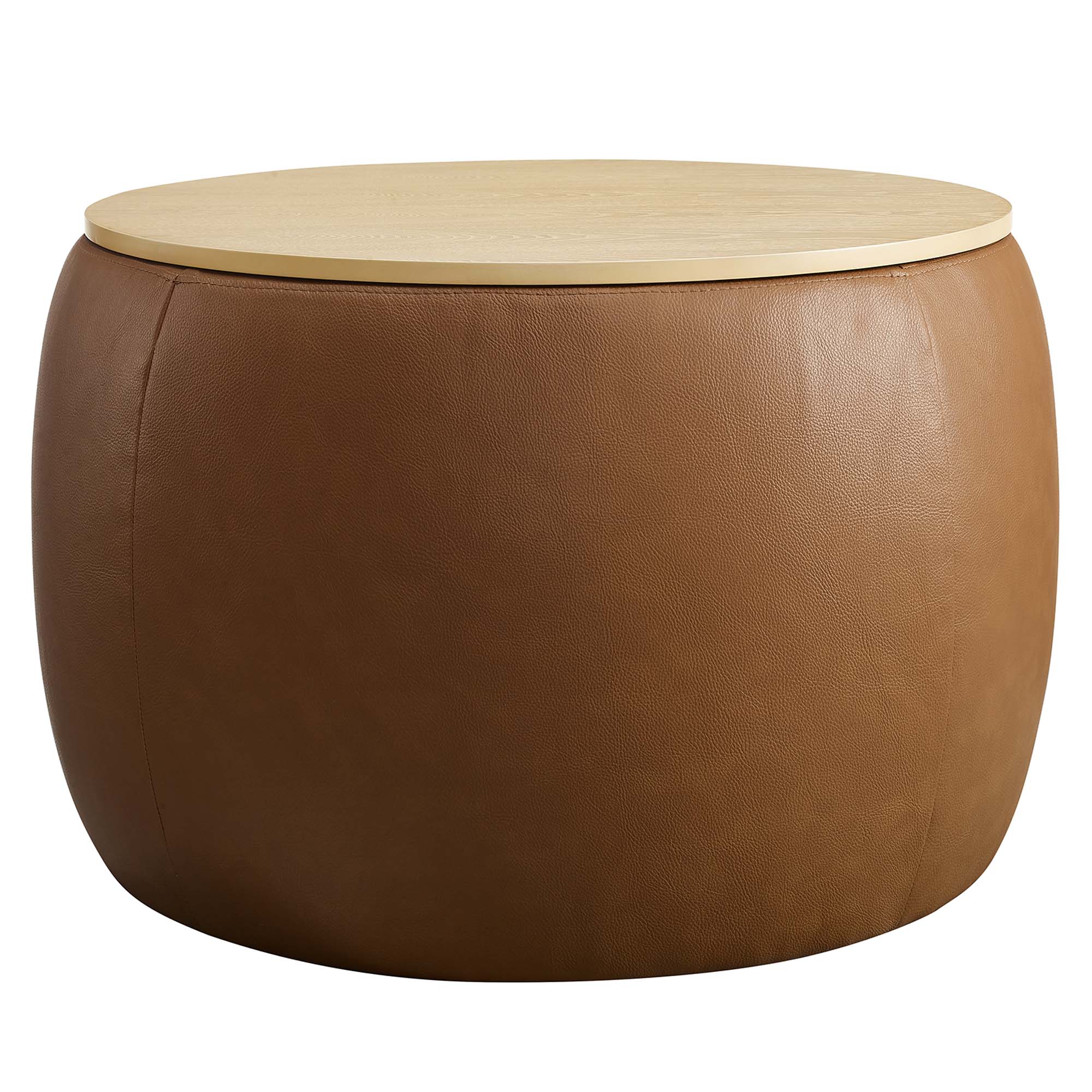 Perla Round Vegan Leather Storage Ottoman, Tan