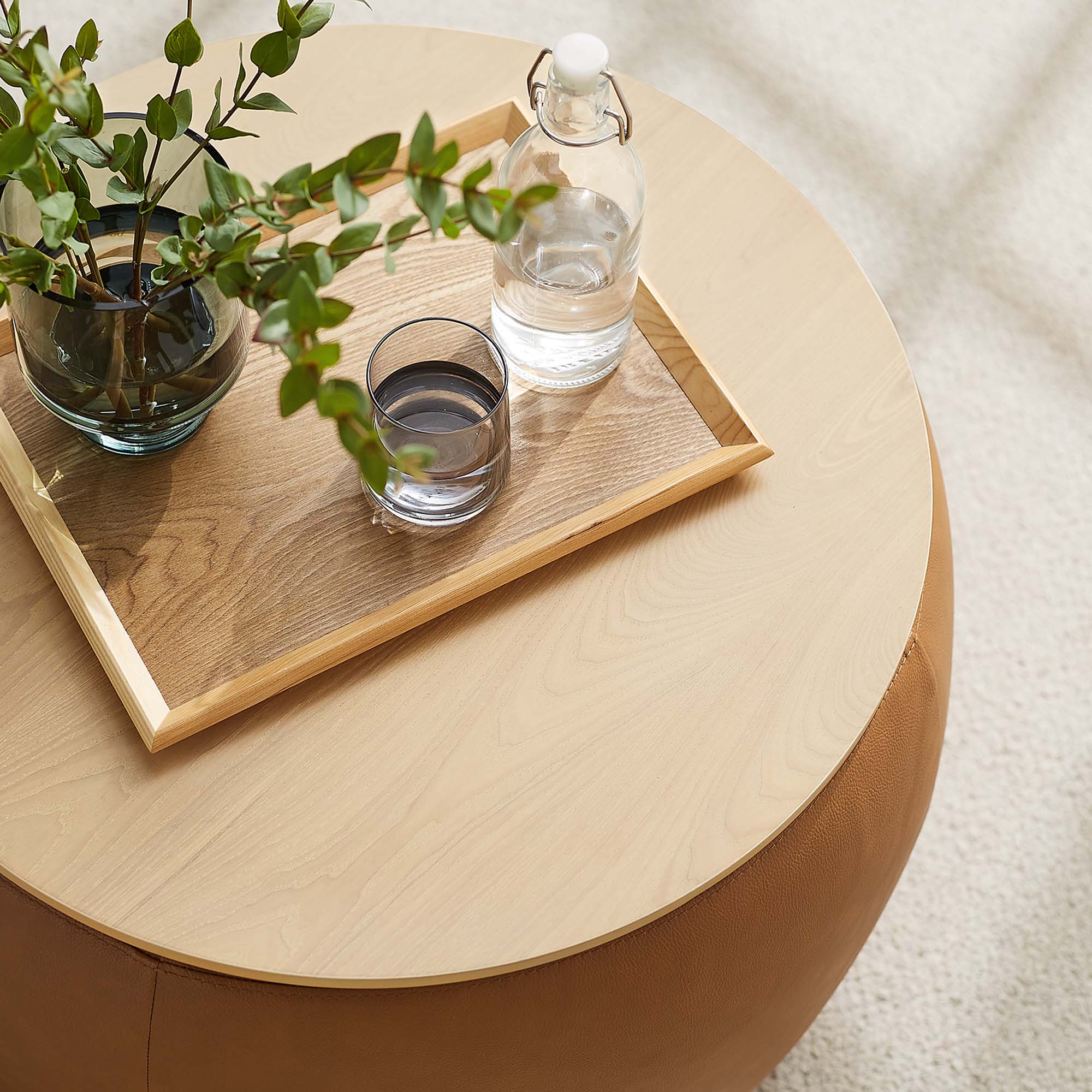 Perla Round Vegan Leather Storage Ottoman, Tan