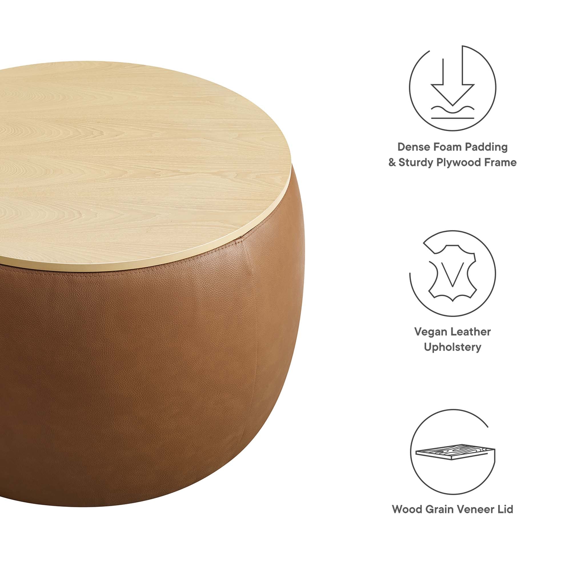 Perla Round Vegan Leather Storage Ottoman, Tan