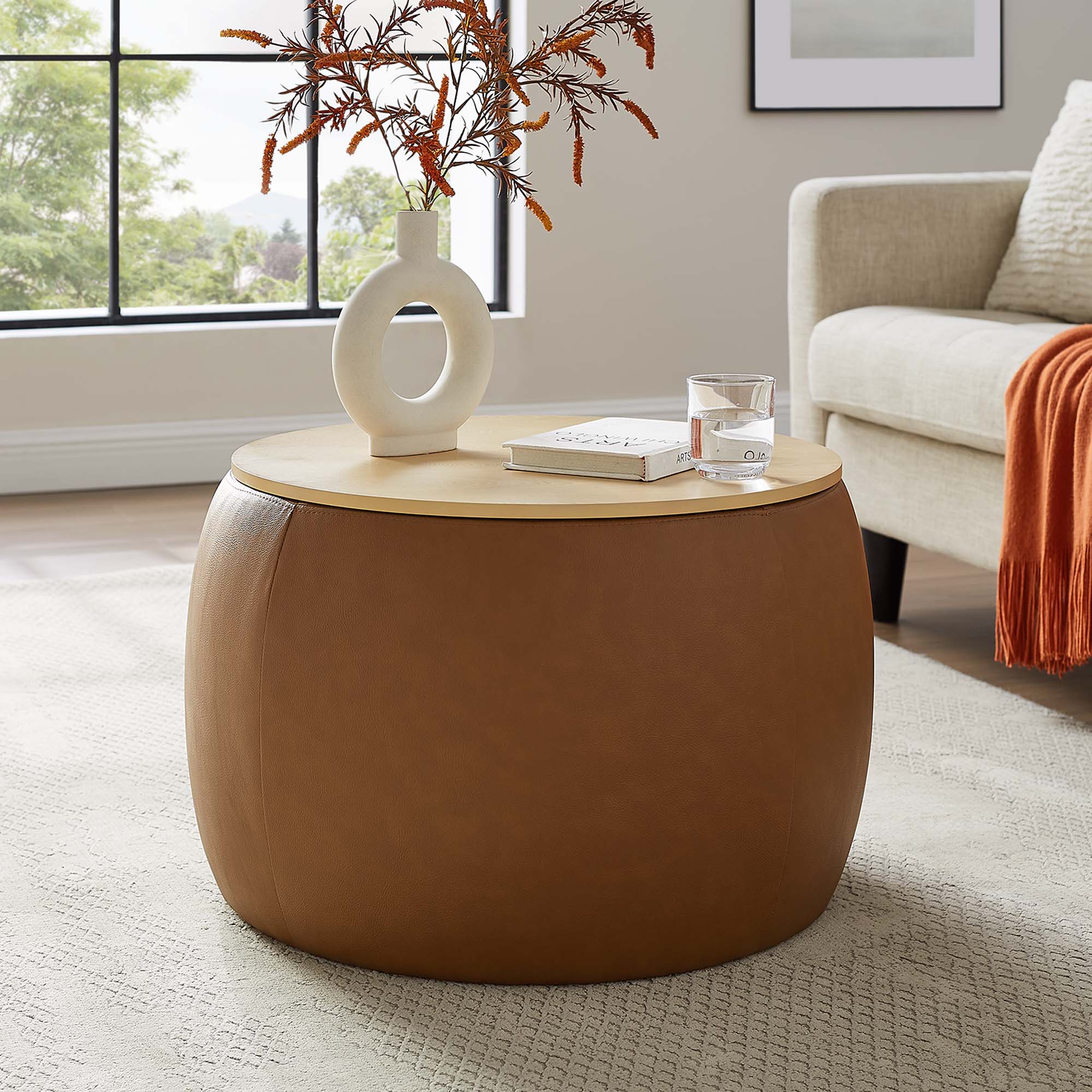 Perla Round Vegan Leather Storage Ottoman, Tan