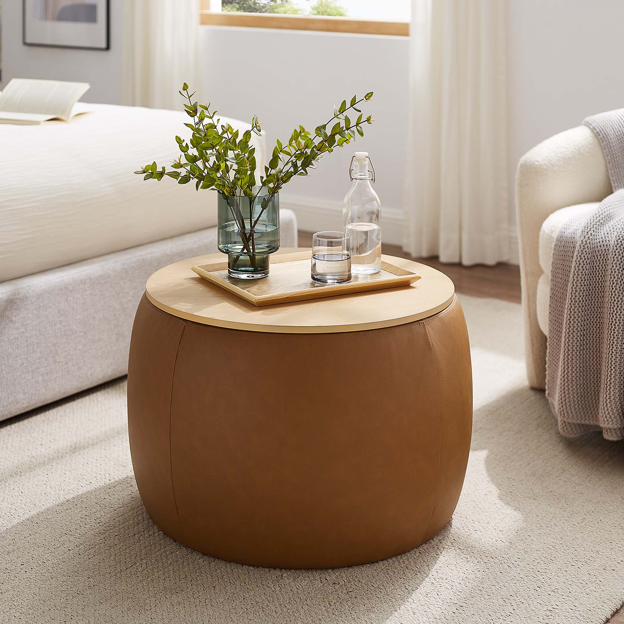 Perla Round Vegan Leather Storage Ottoman, Tan
