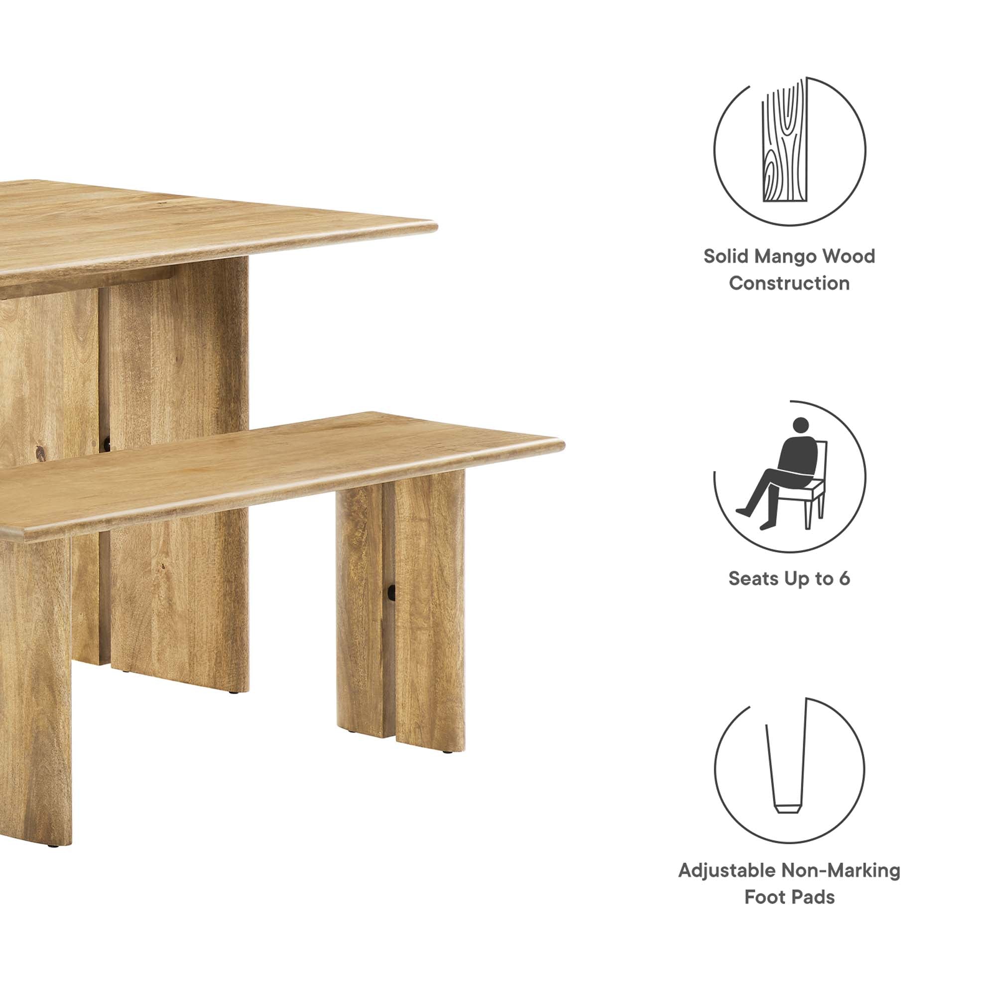 Amistad 60" Wood Dining Table and Bench Set, Oak