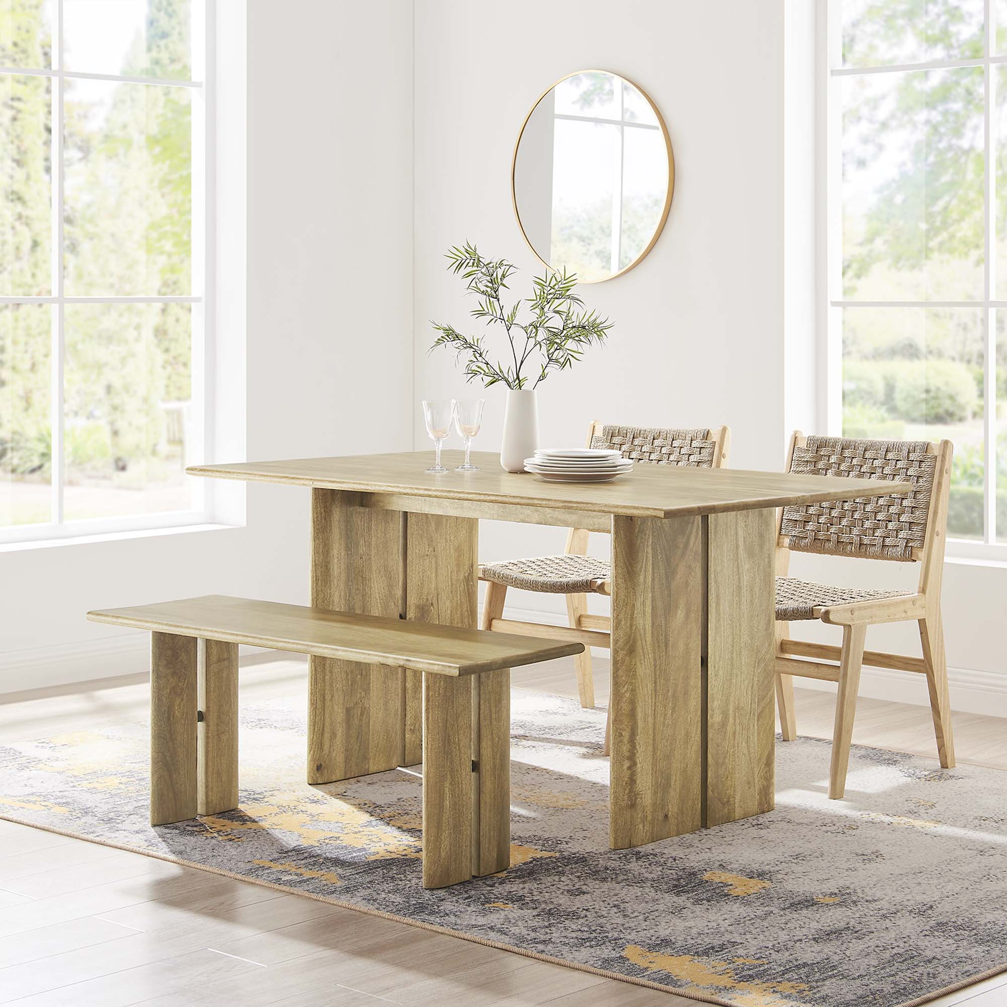 Amistad 60" Wood Dining Table and Bench Set, Oak