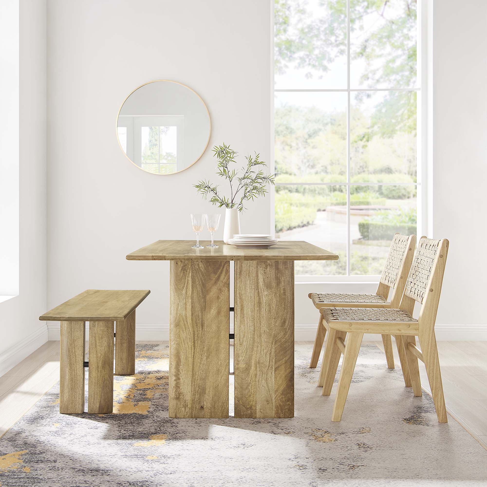 Amistad 60" Wood Dining Table and Bench Set, Oak