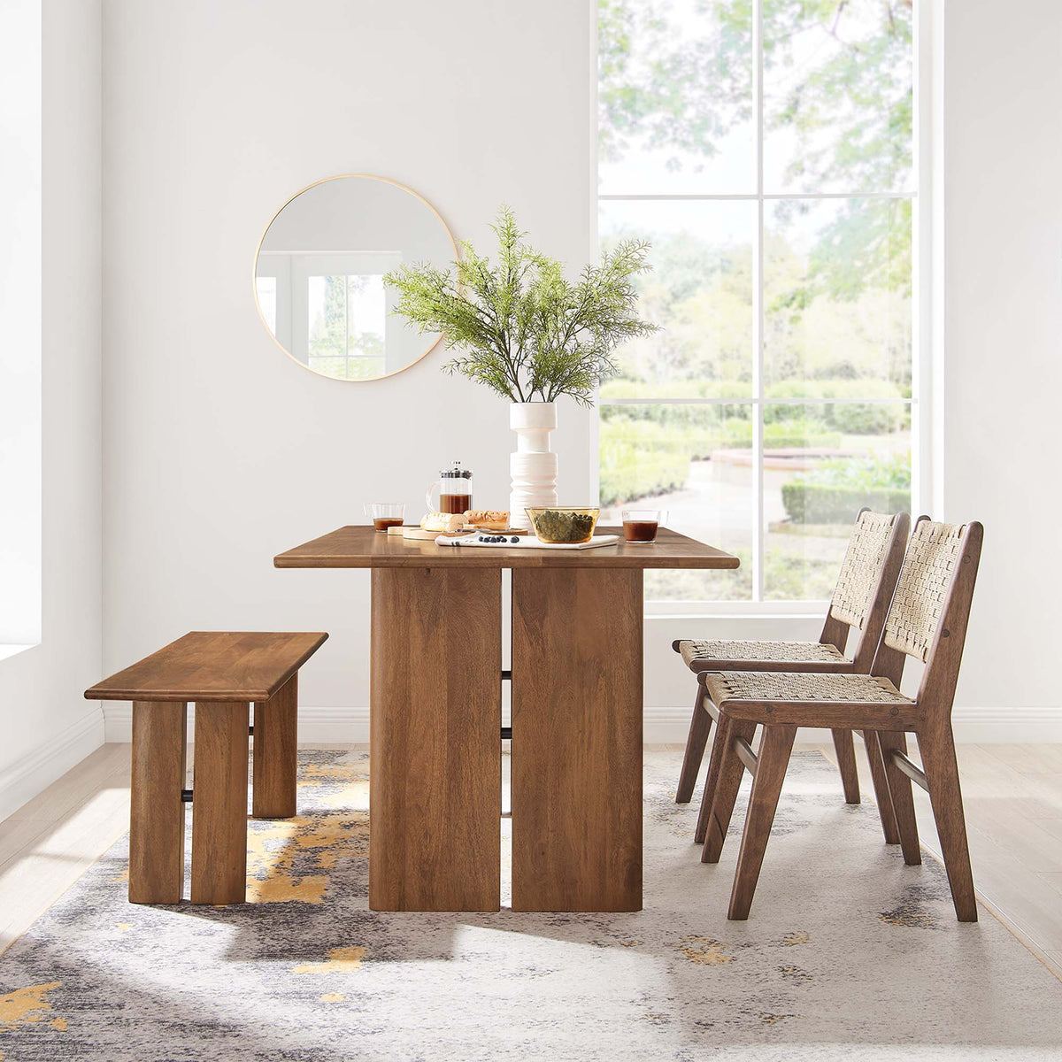 Amistad 60" Wood Dining Table and Bench Set, Walnut