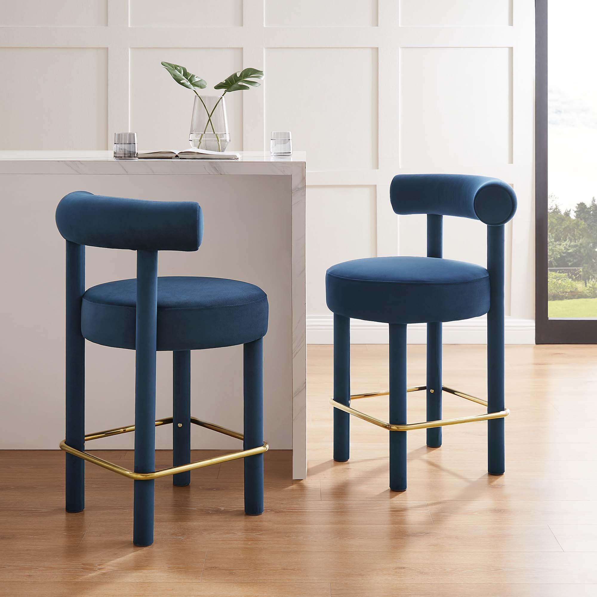 Toulouse Performance Velvet Counter Stool Set of 2, Midnight Blue Gold