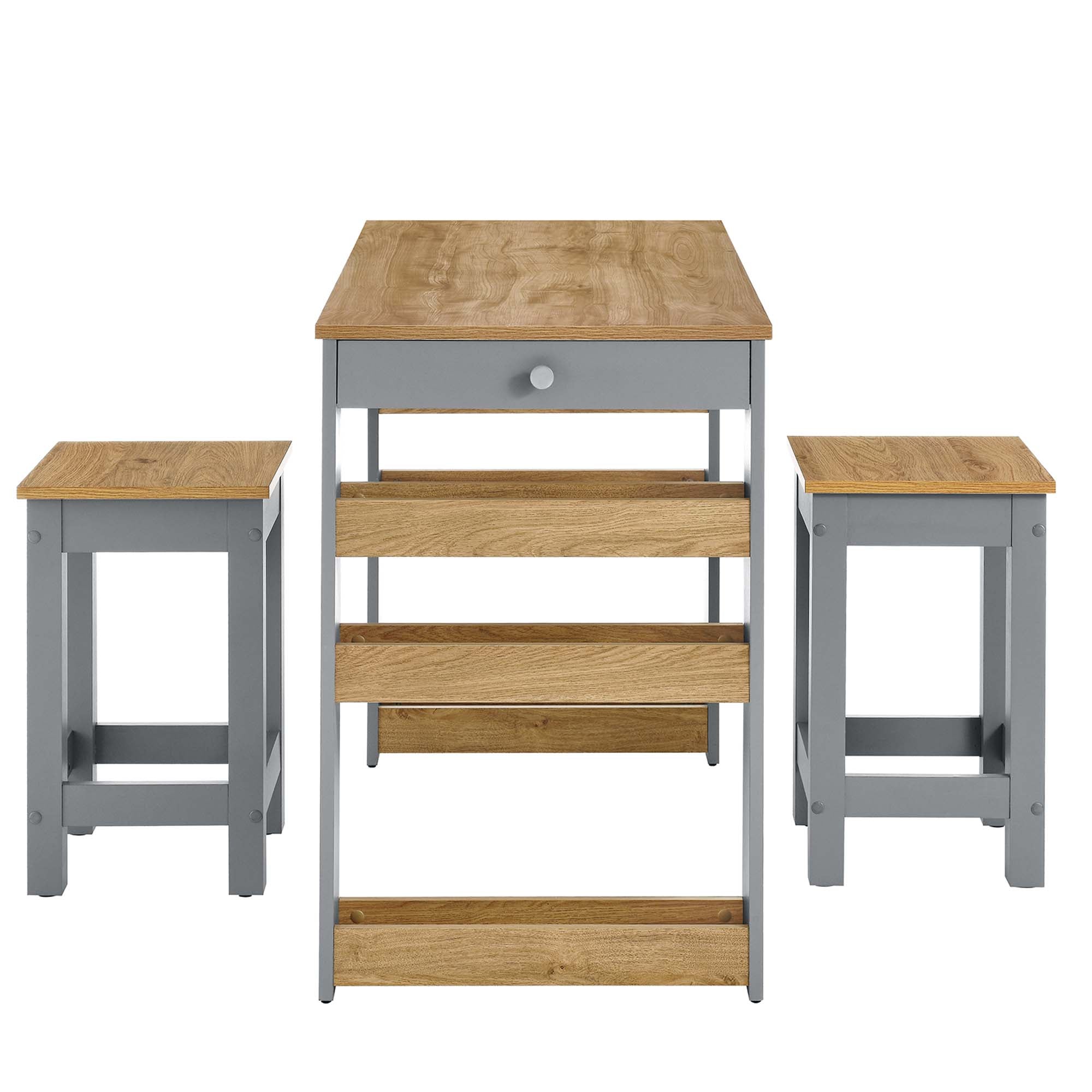 Galley 3-Piece Kitchen Island and Stool Set, Oak Gray
