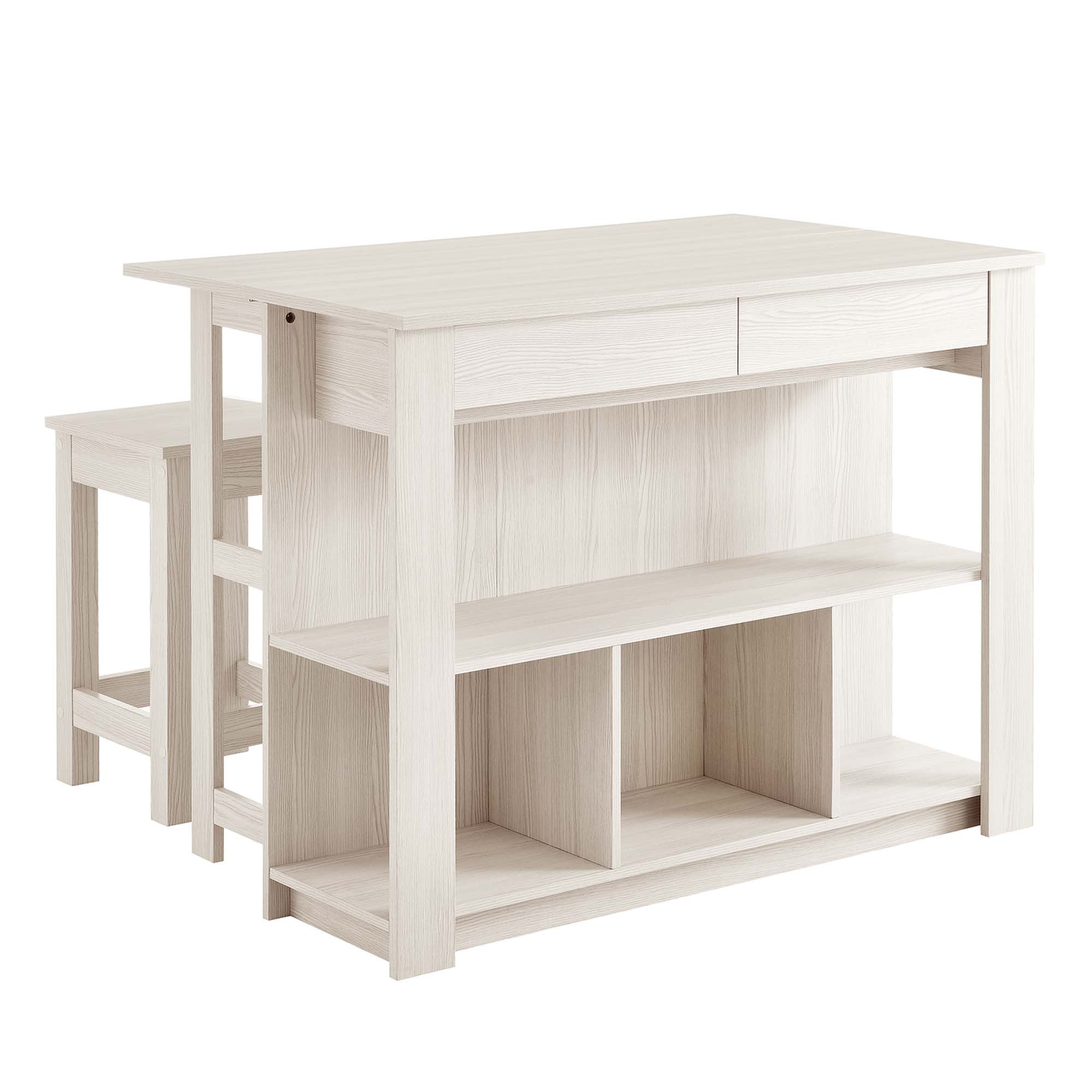 Meadowbrook 3-Piece Kitchen Island and Stool Set, White Maple