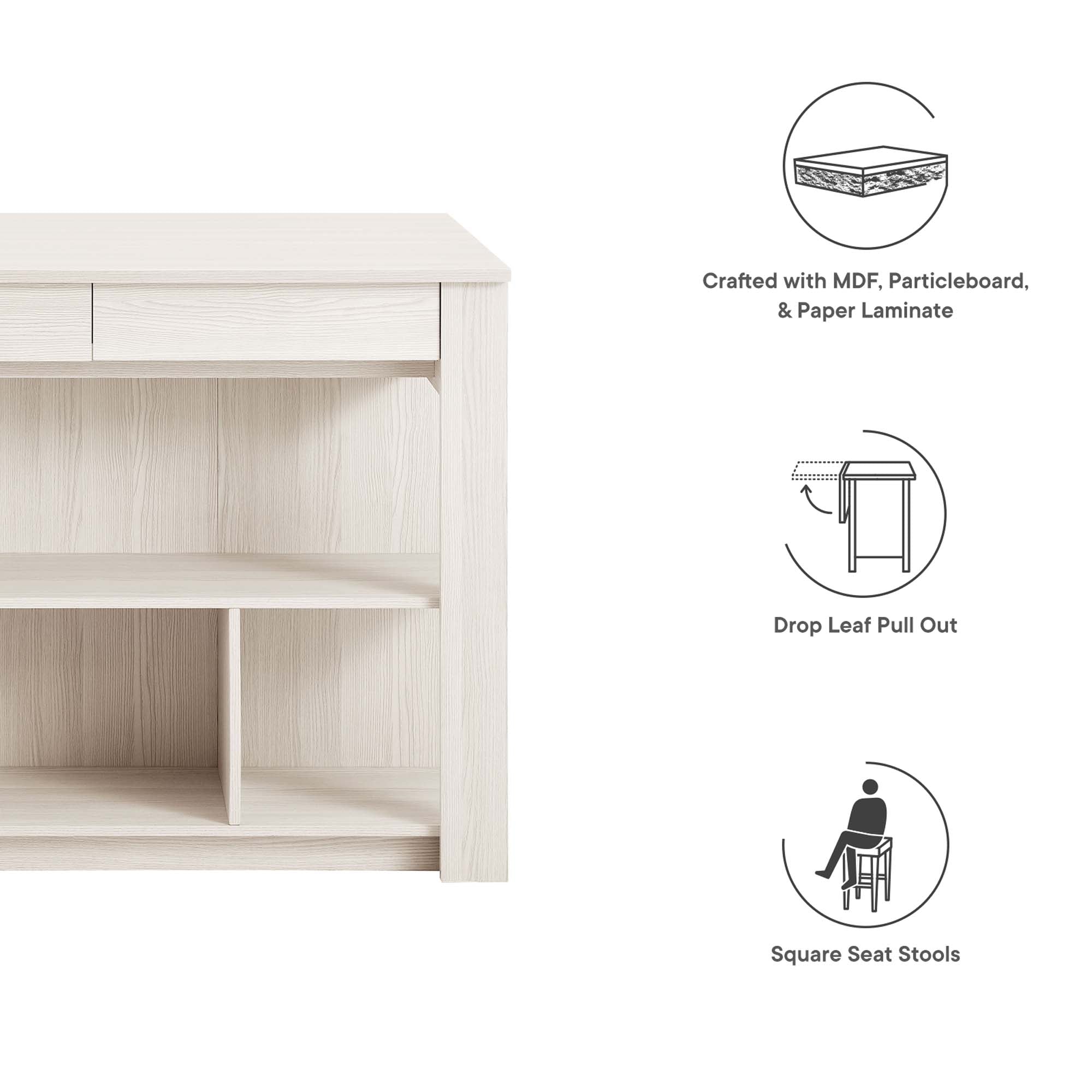 Meadowbrook 3-Piece Kitchen Island and Stool Set, White Maple