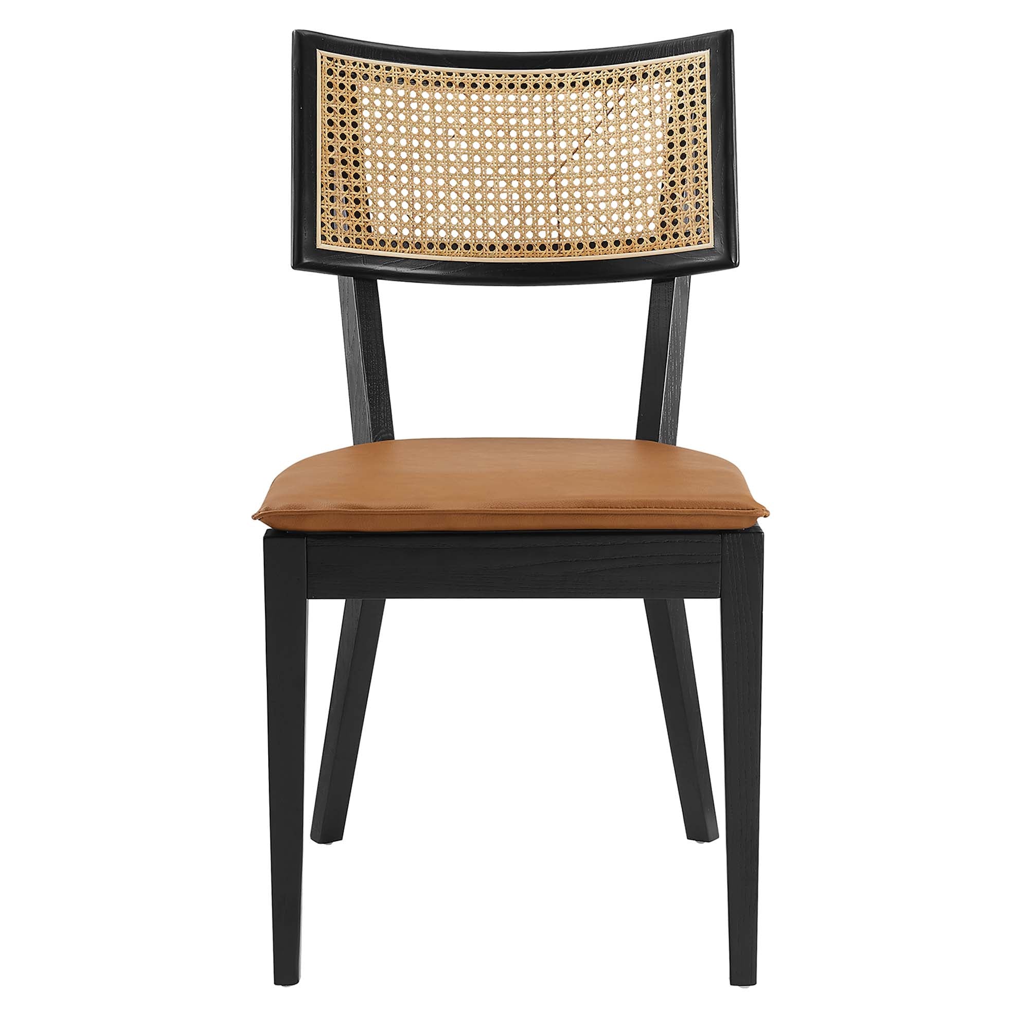Caledonia Vegan Leather Upholstered Wood Dining Chairs Set of 2, Black Tan