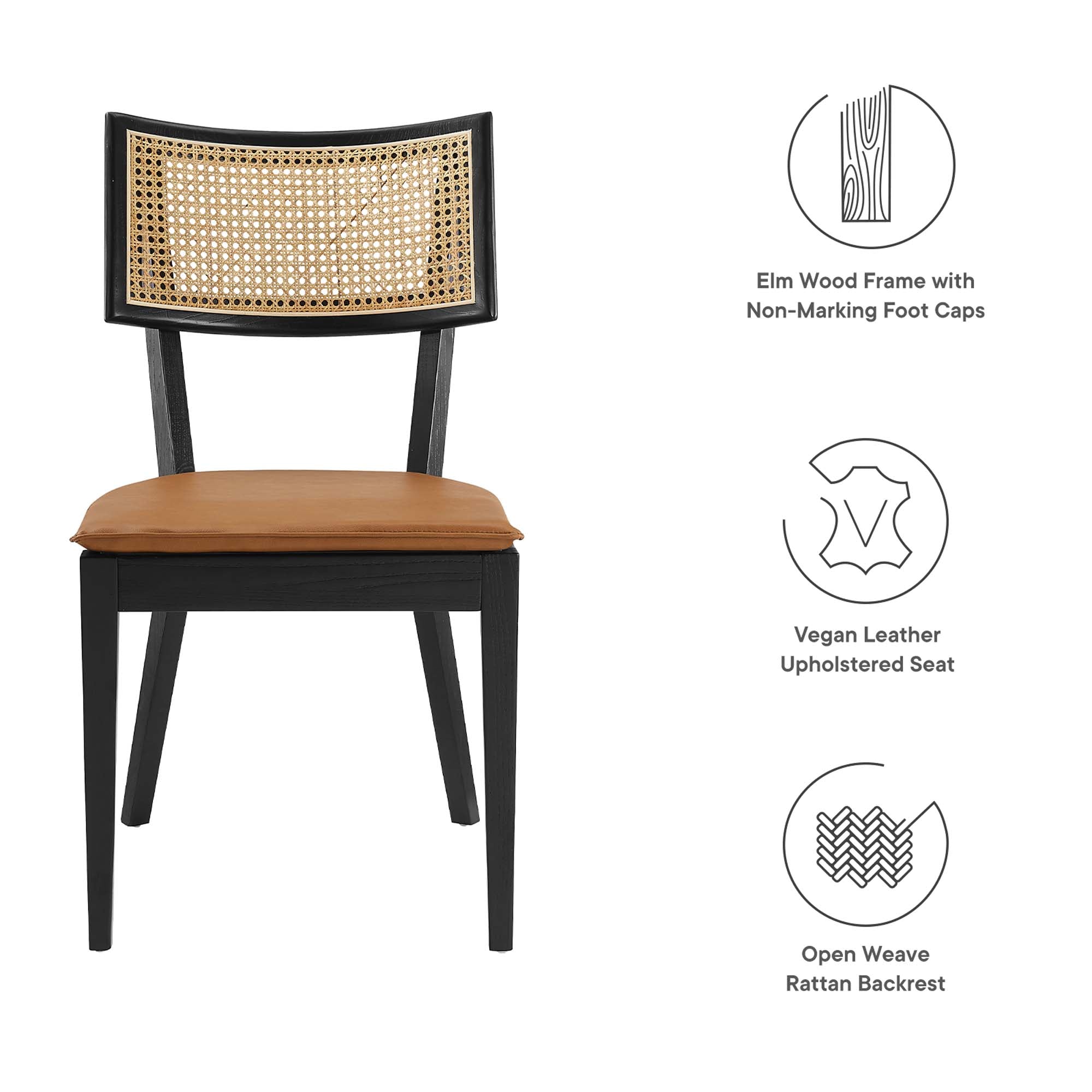 Caledonia Vegan Leather Upholstered Wood Dining Chairs Set of 2, Black Tan