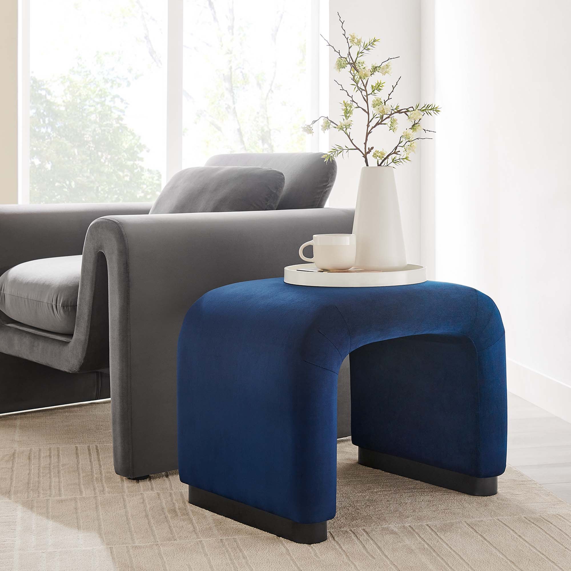 Koda Performance Velvet Waterfall Stool, Black Midnight Blue